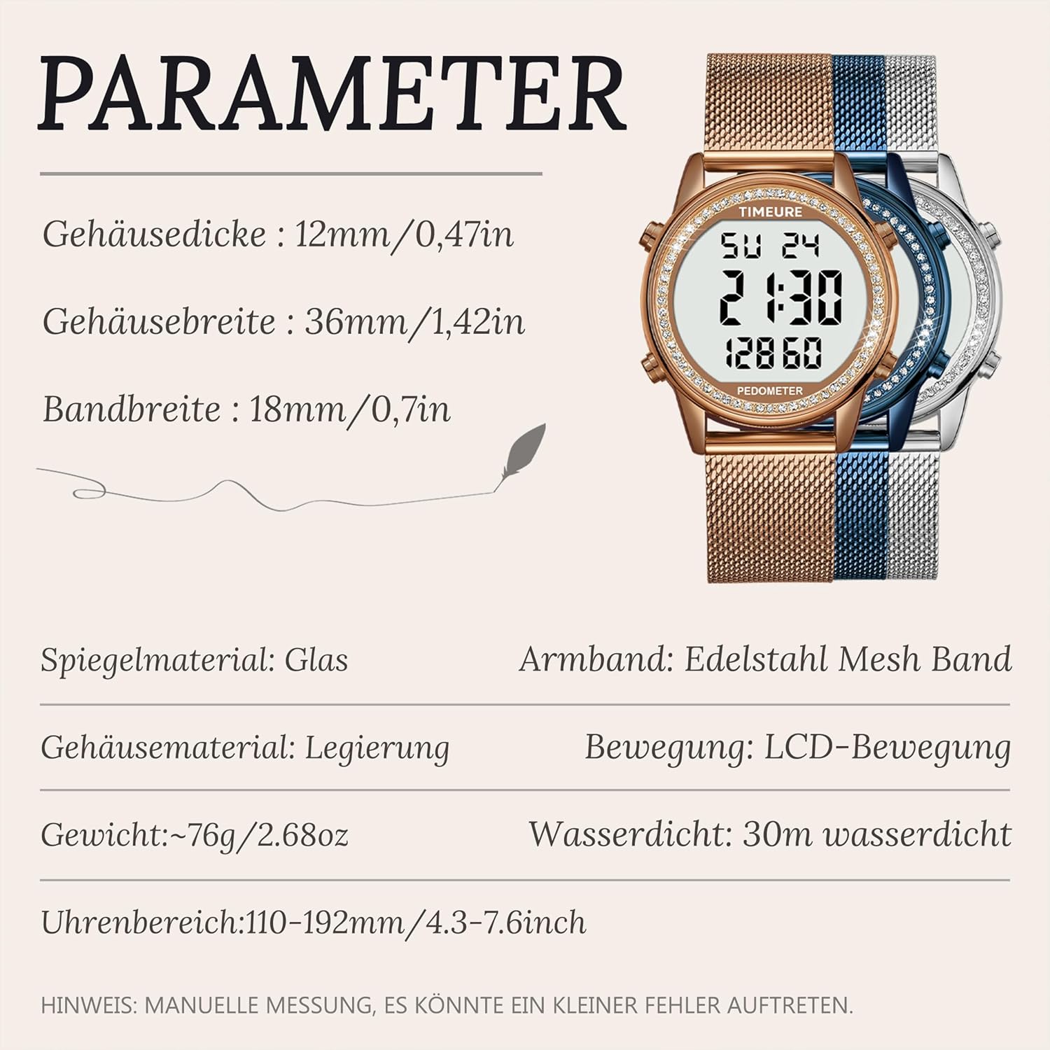 TIMEURE Damen Schrittzähler Uhr, Stilvolles Design, gut ablesbar, zeichnet Kalorien, Schritte, Kilometerstand, Countdown und Alarm auf, mit Hintergrundbeleuchtung, TU-2401 – Bild 6