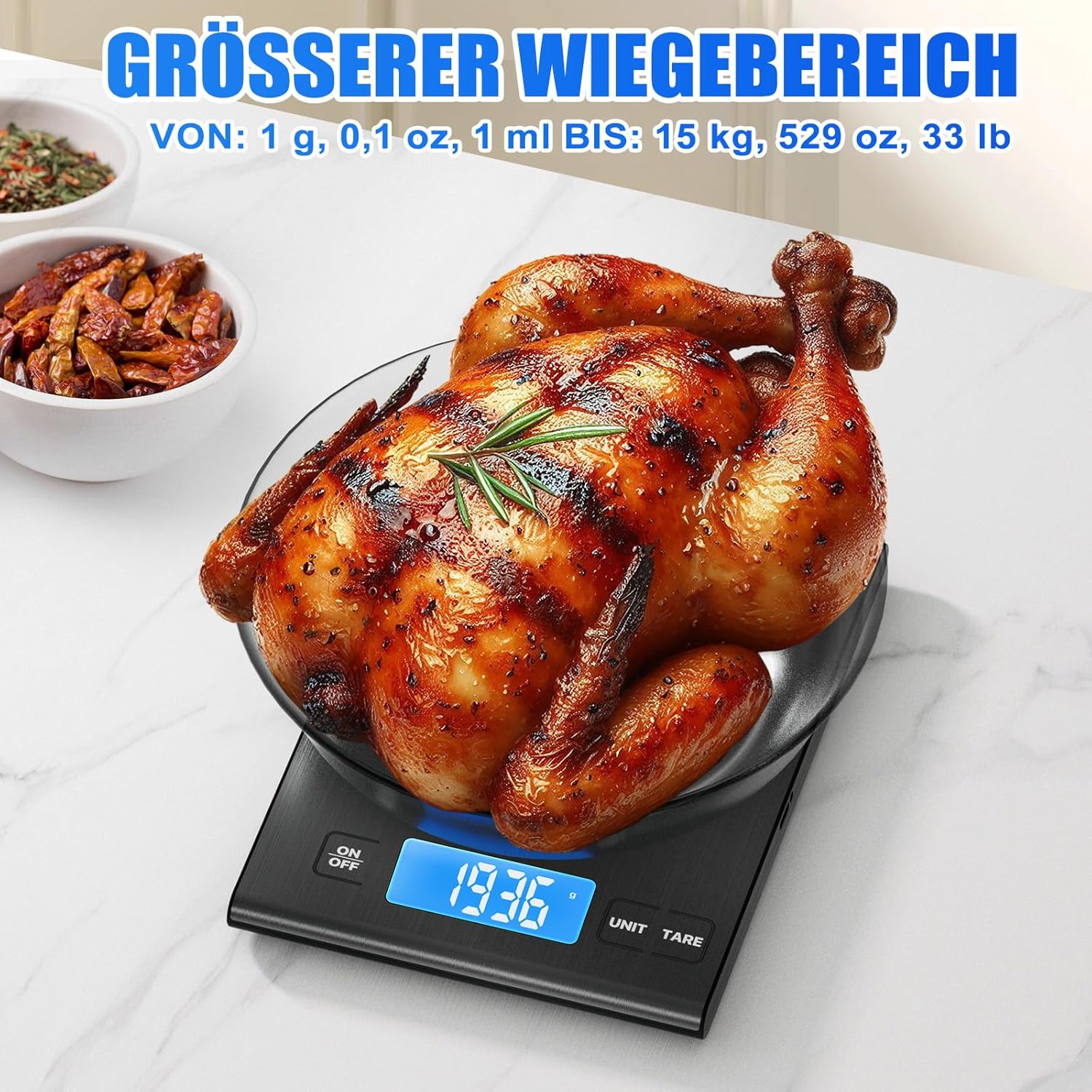 Diyife Schwarze 15-kg-Küchenwaage aus hochwertigem 304-Stahl, Dual-Power-Digitalwaage mit Typ-C-Ladung und Batteriebetrieb, LED-Anzeige mit hellen Zahlen, Tara-Funktion – Bild 4