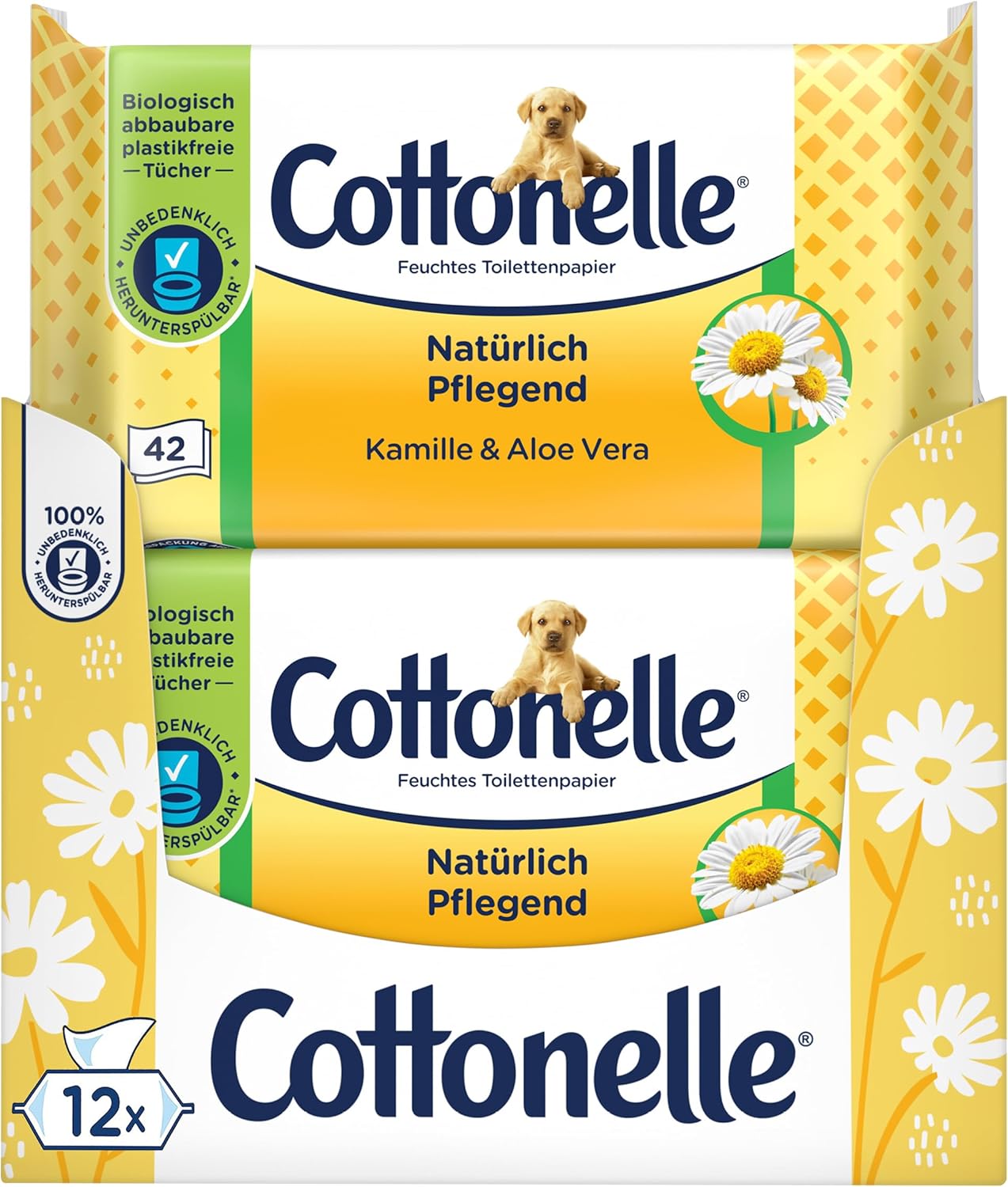 Cottonelle Feuchtes Toilettenpapier, natürlich pflegend – Kamille und Aloe Vera, biologisch abbaubar, plastikfrei, wiederverschließbar, Vorteilspackung, 12 x 42 Feuchttücher