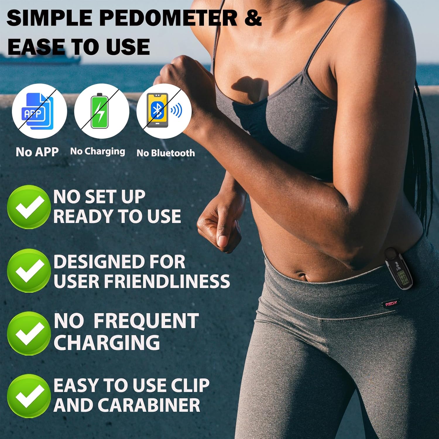 3D-Schrittzähler zum Gehen mit abnehmbarem Clip und Karabiner, einfacher Schrittzähler zum Gehen, präziser Clip-on-Schritt-Tracker für Männer, Frauen, Kinder – Bild 2