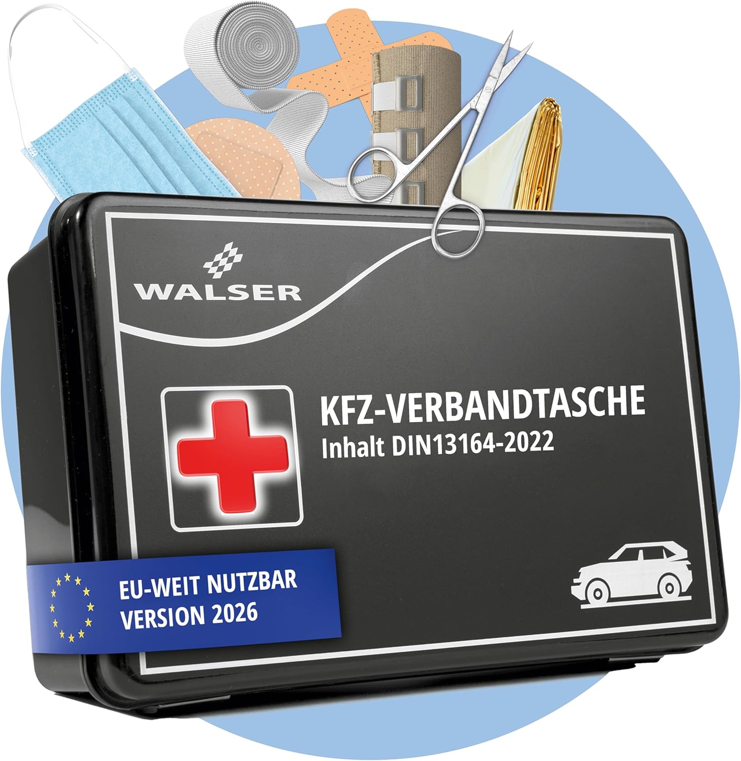 WALSER Verbandskasten Auto 2026, Verbandskasten Auto Auszeichnung sehr gut, Verbandskasten Auto 2026 europaweit einsetzbar, Verbandskasten, Verbandstasche Auto, Verbandskasten DIN 13164