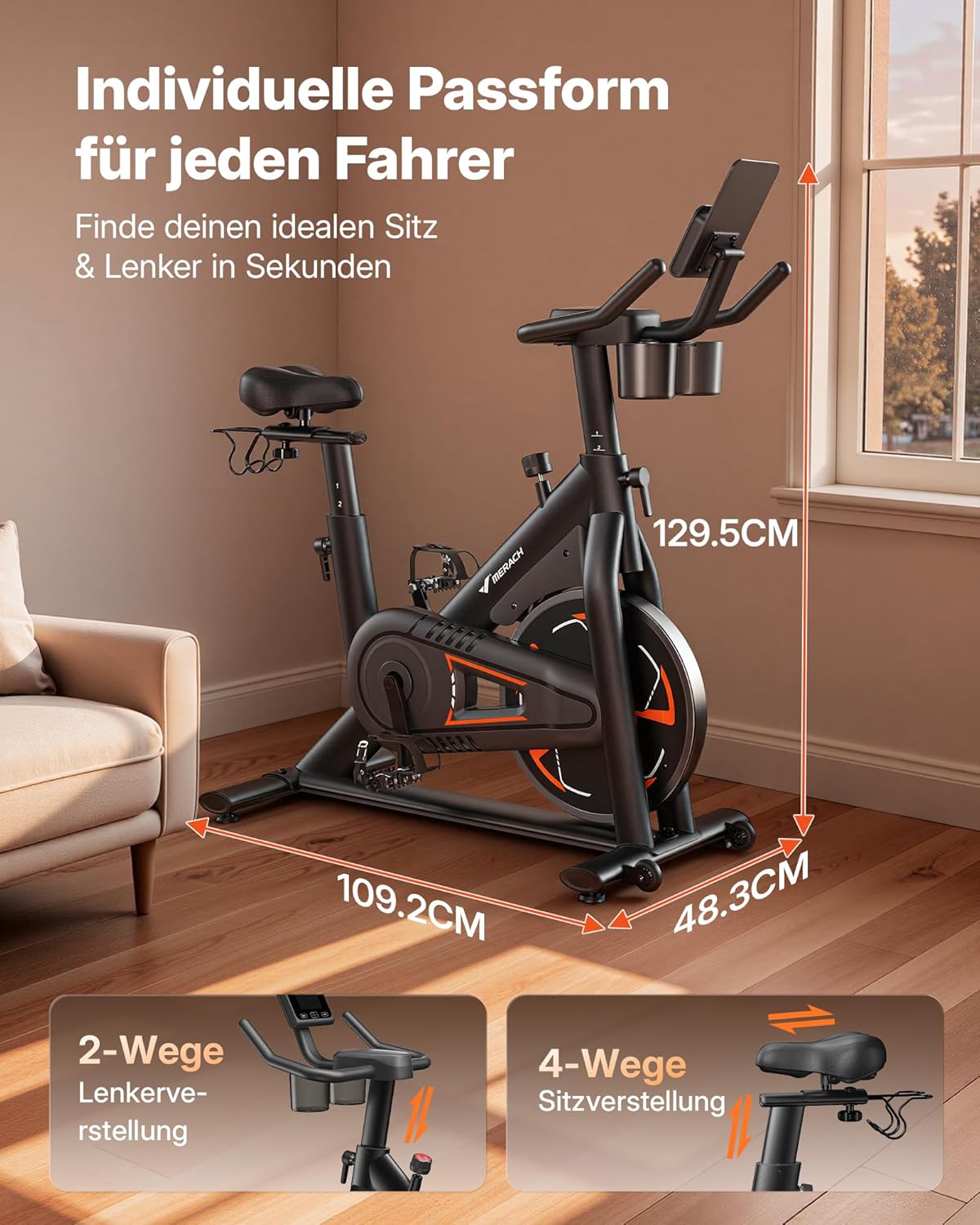 MERACH Heimtrainer mit magnetischem Widerstand, leises Heimtrainer-Fahrrad mit verbessertem stoßdämpfendem Luftpolstersattel, eigener App, stabiler H-Rahmen für besseren Halt, bis zu 150 kg – Bild 7