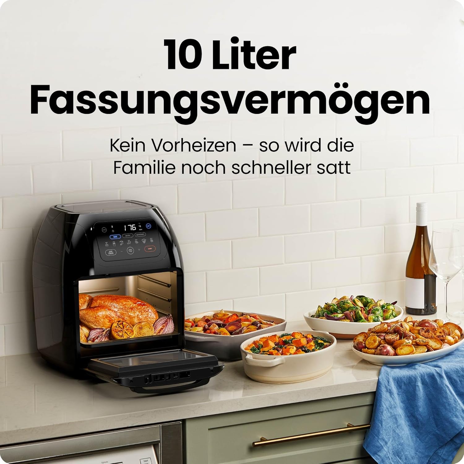 Chefman Multifunktionale digitale Heißluftfritteuse + Drehspieß, Dörrgerät, Konvektion, 17 Touchscreen-Voreinstellungen, XL 10L-Familiengröße, automatische Abschaltung, großes Sichtfenster, Schwarz – Bild 4