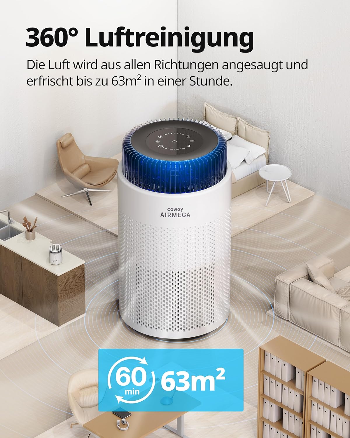COWAY Luftreiniger für Allergiker, superleiser Schlafmodus, Stimmungslicht, entfernt 99,999 % der schädlichen Partikel bis 0,01 µm, für Allergiker (ECARF-Siegel), Staubpollen, CADR 244 m³/h – Airmega 100 – Bild 8