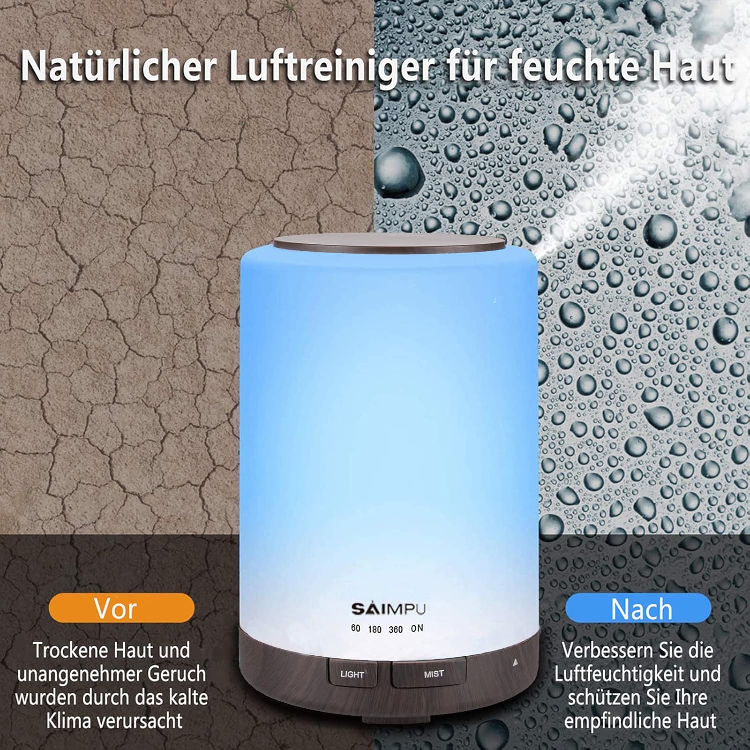 Aromadiffusor, 300 ml, leiser Ultraschall-Luftbefeuchter, Duftöl-Diffusor, Timer & wasserlose automatische Abschaltung, 7 Farben LED, Aromatherapie-Düfte-Luftbefeuchter für Zimmer, Büro, Yoga, Spa usw – Bild 6