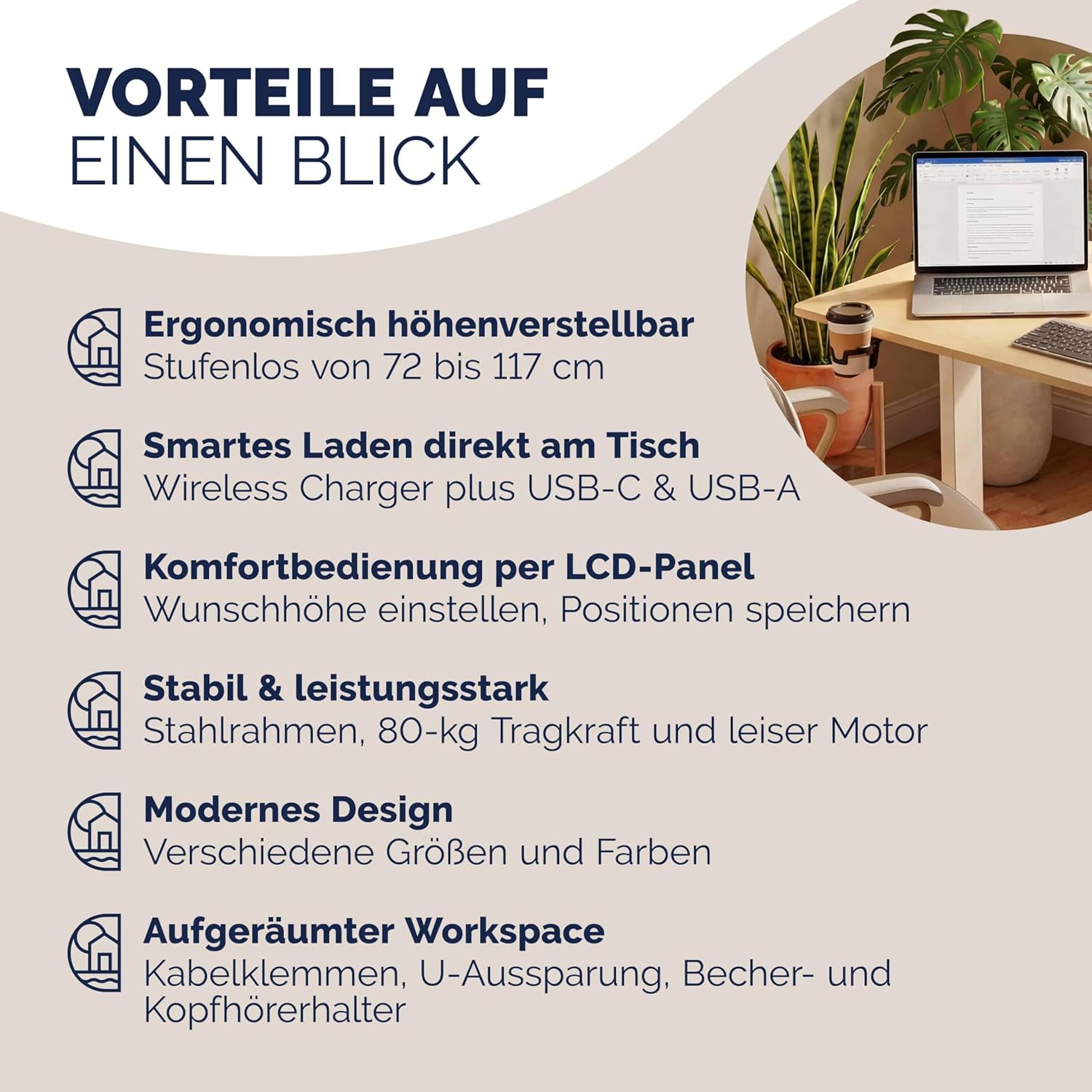 Casaria Höhenverstellbarer elektrischer Schreibtisch 140 x 70 cm mit kabellosem Ladegerät & USB-C/A-Anschluss, LCD-Display, Memory-Funktion, 80 kg Tragkraft, ergonomisch, Beige – Bild 9