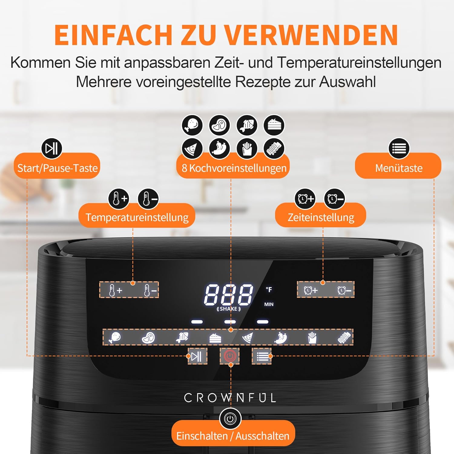 CROWNFUL Heißluftfritteuse, 6,2 l, XXL-Heißluftfritteuse, elektrischer 8-in-1-Öllos-Herd, Heißluftfritteusen mit LCD-Touchscreen und 8 Voreinstellungen, präzise Temperaturregelung, antihaftbeschichteter Korb – Bild 3