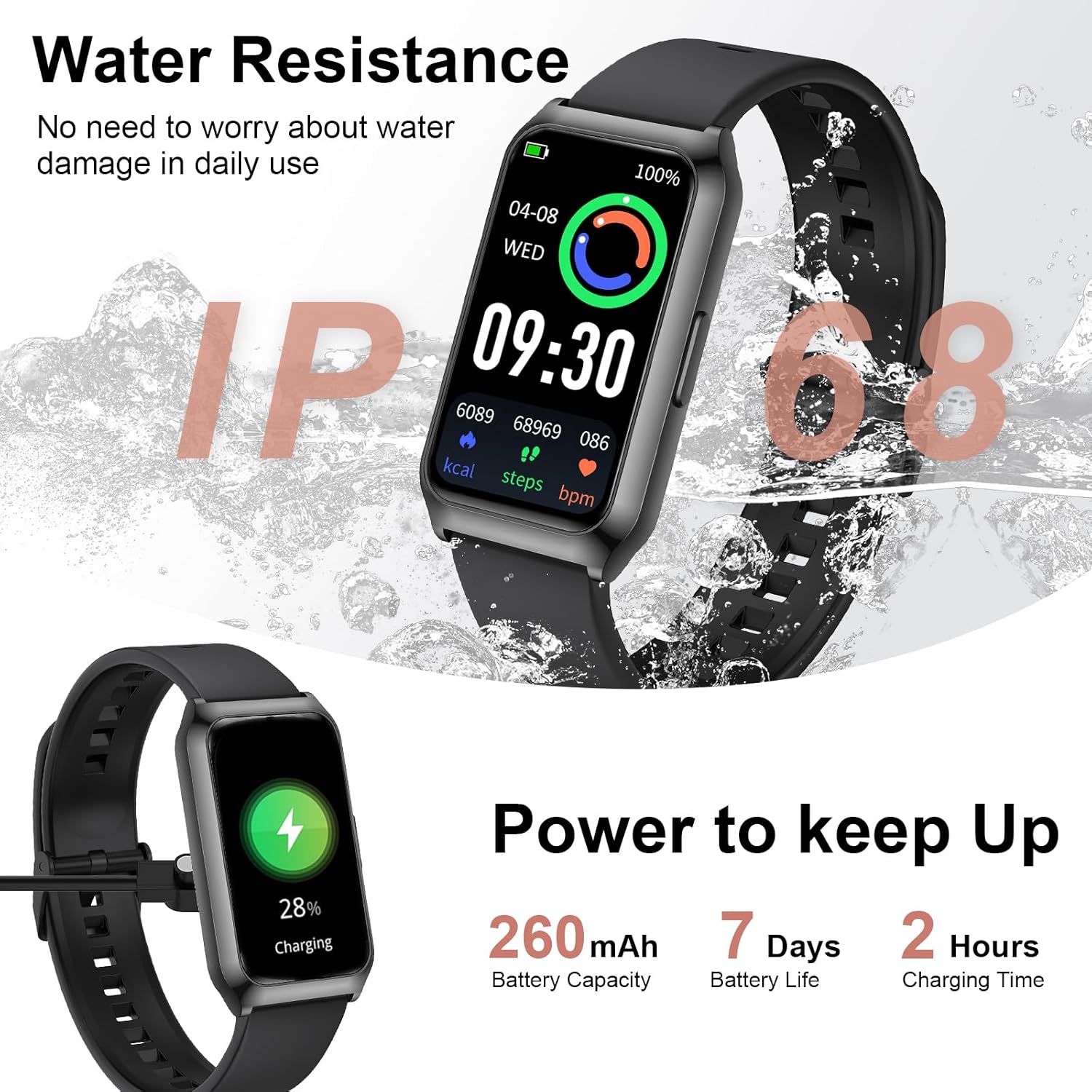 Smartwatch Herren Damen 1,47 Zoll Fitness-Tracker mit Herzfrequenzmesser, SpO2-Schlafmonitor, 25 Sportmodi, Aluminiumgehäuse in Schwarz, Ultra-Akkulaufzeit, wasserdichte IP68-Sportuhr für iOS Android – Bild 3