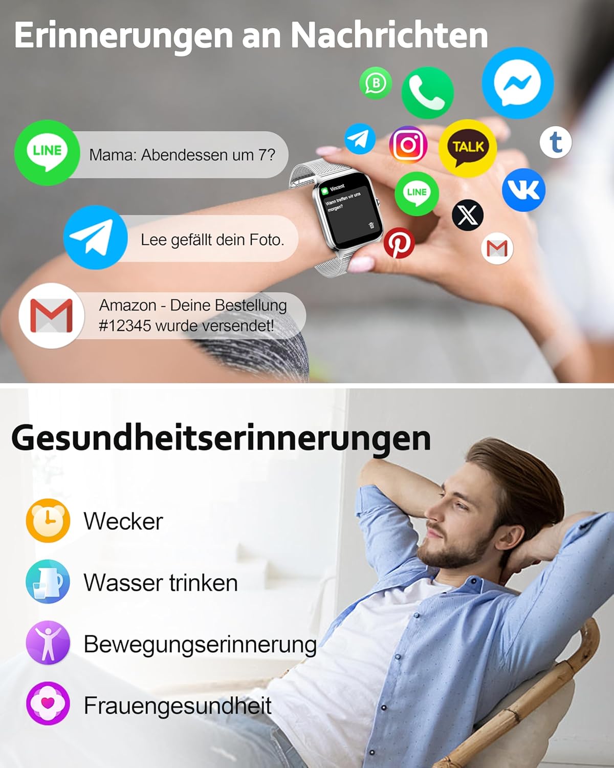 Popglory Smartwatch Herren Damen mit Blutdruckmessung, Bluetooth-Telefonie, AI Fitnessuhr Herzfrequenz, SpO2, Stress, Schlaf, 100+ Sportmodi Fitness Tracker, Schrittzähler, Geschenk für iPhone Android – Bild 7