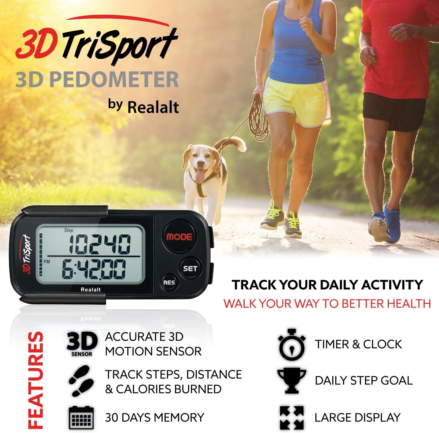 Realalt 3DTriSport 3D-Schrittzähler. Präziser Schrittzähler mit Clip und Riemen – Bild 2