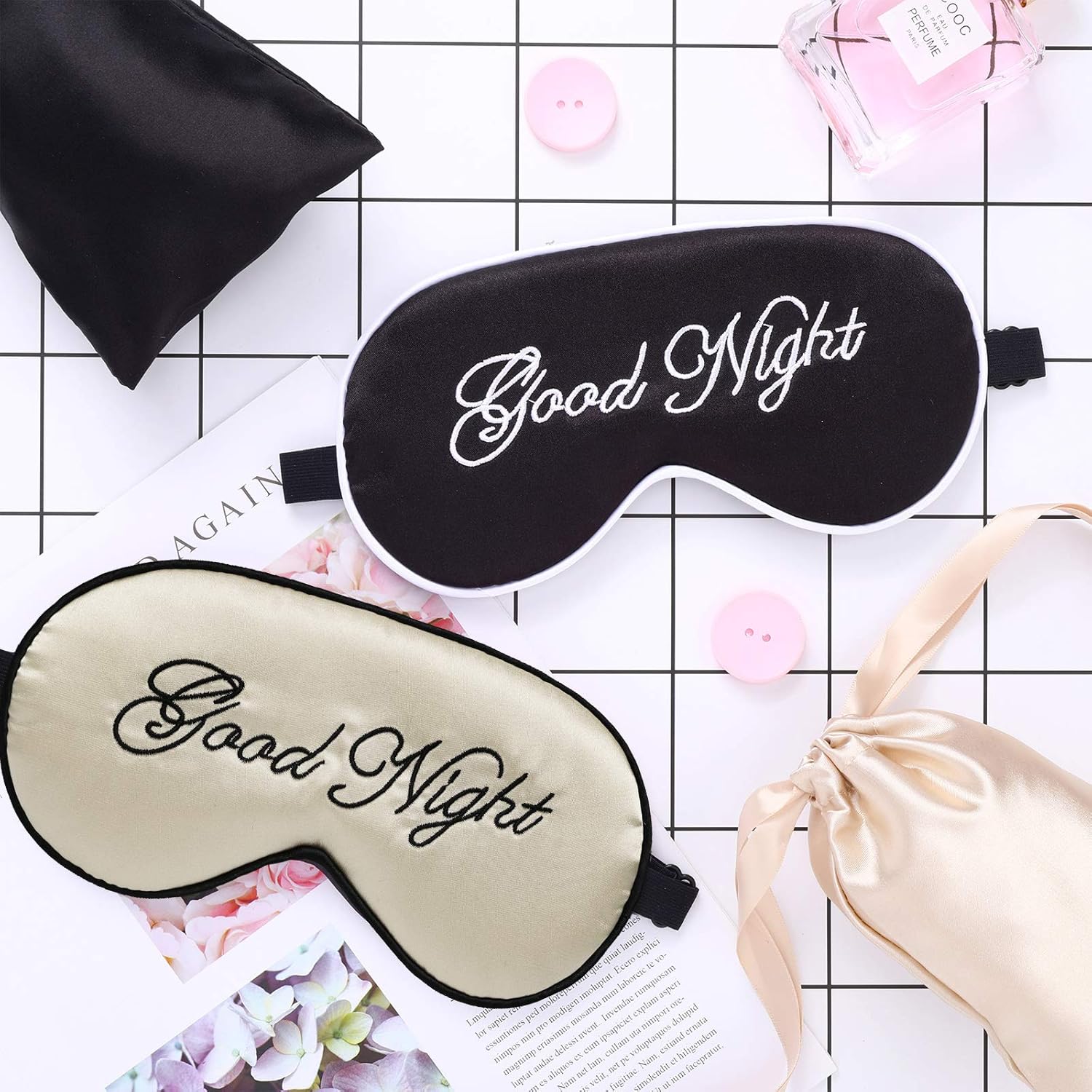 2 Stück Seiden-Schlafmaske, Augenabdeckung, leicht verstellbare Augenschirme, Maske, Satin, schlafende Augen, blinde Nacht-Lidschatten-Abdeckung mit 2 Stück Aufbewahrungsbeuteln (Beige, Schwarz) – Bild 5