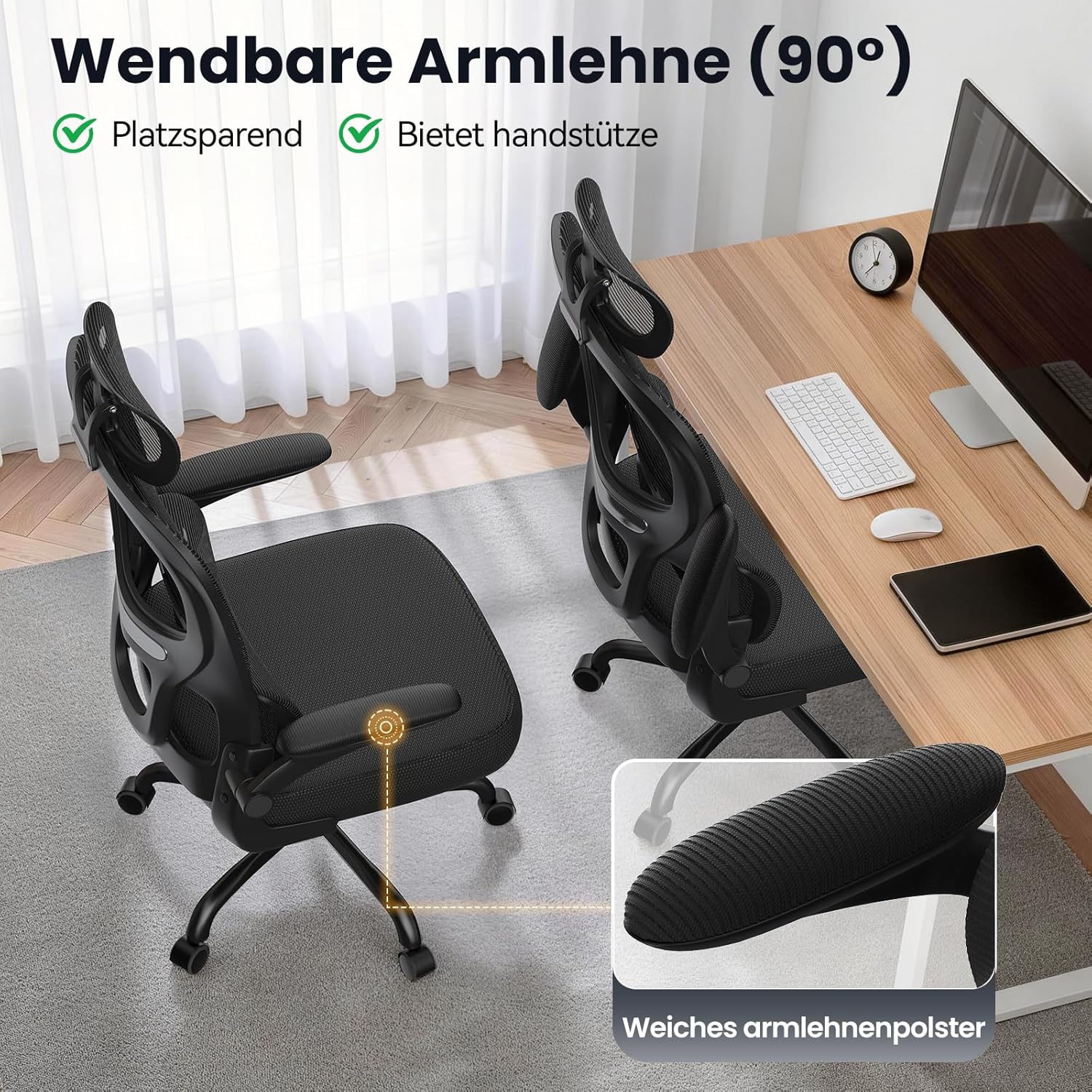 rattantree Ergonomischer Bürostuhl, Schreibtischstuhl mit verstellbarer Kopfstütze und Armlehnen, C-förmige Lordosenstütze, Drehstuhl mit Rollen für das Heimbüro, Schwarz – Bild 7