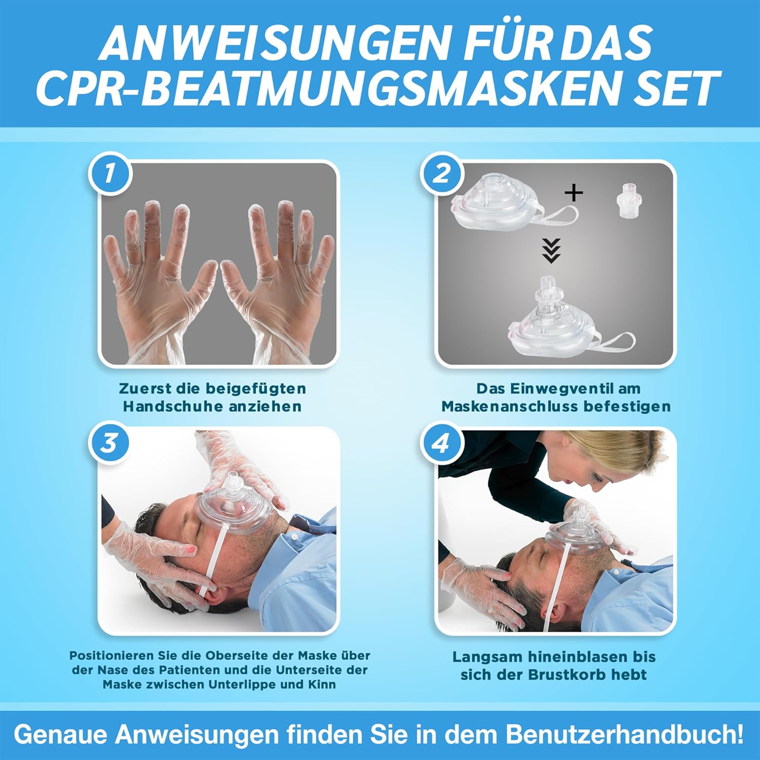 CPR-Atemmasken-Erste-Hilfe-Set für Erwachsene/Kinder und Kleinkinder – Taschenmaske im Softcase (rot) mit Selbstventil und Sauerstoffeinlass – Bild 4