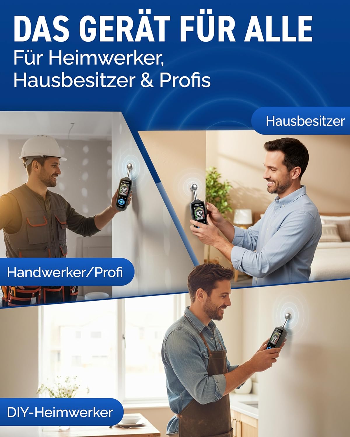 DryOne DetectX Feuchtigkeitsmessgerät für Wand, Holz, Mauerwerk, Estrich & Beton – Zuverlässige Messung & einfache Bedienung – Feuchtigkeitsmessgerät & Wandfeuchtemessgerät gegen Schimmel & Schäden – Bild 6