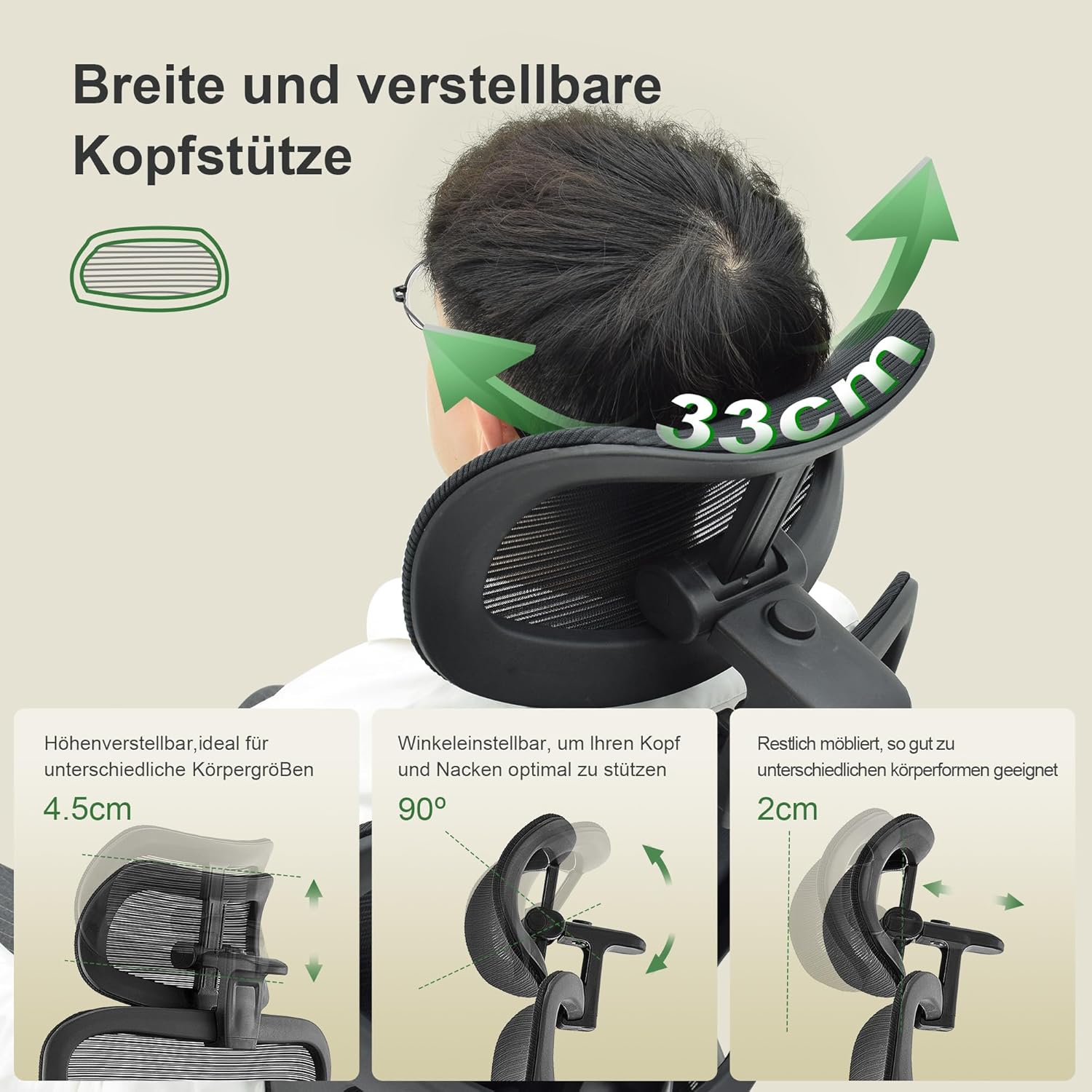 CALIYO G-1635H Ergonomischer Bürostuhl, Schreibtischstuhl mit verstellbarer Kopfstütze, Armlehnen, Lordosenstütze und Wippfunktion – Drehstuhl aus atmungsaktivem Netzstoff, Gaming-Stuhl, Bürostuhl 150 kg, Schwarz – Bild 8