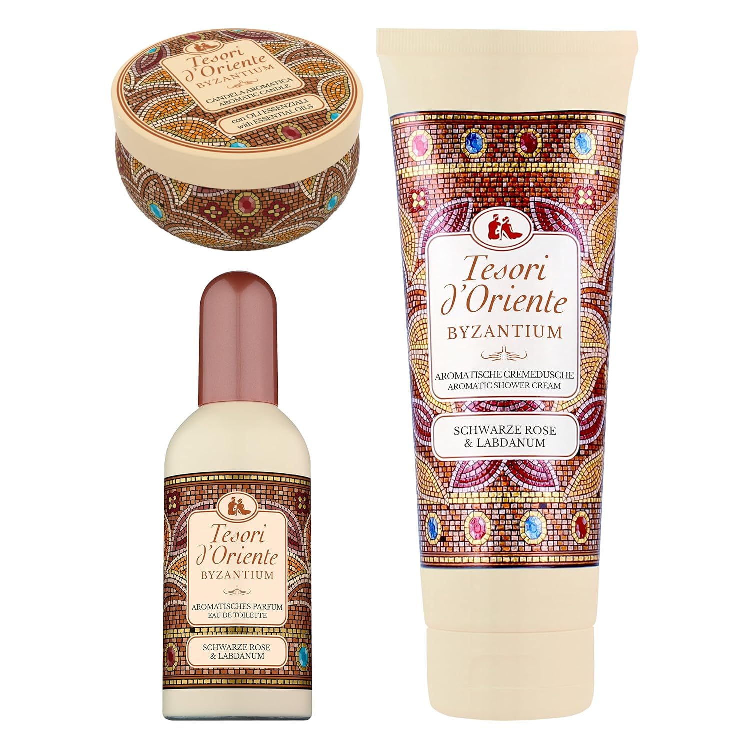TESORI D'ORIENTE Byzantium Geschenkset (Cremedusche 250 ml, EDT 100 ml & Duftkerze) mit schwarzer Rose und Labdanum, Wellness-Rituale für Körper und Sinne – Bild 6