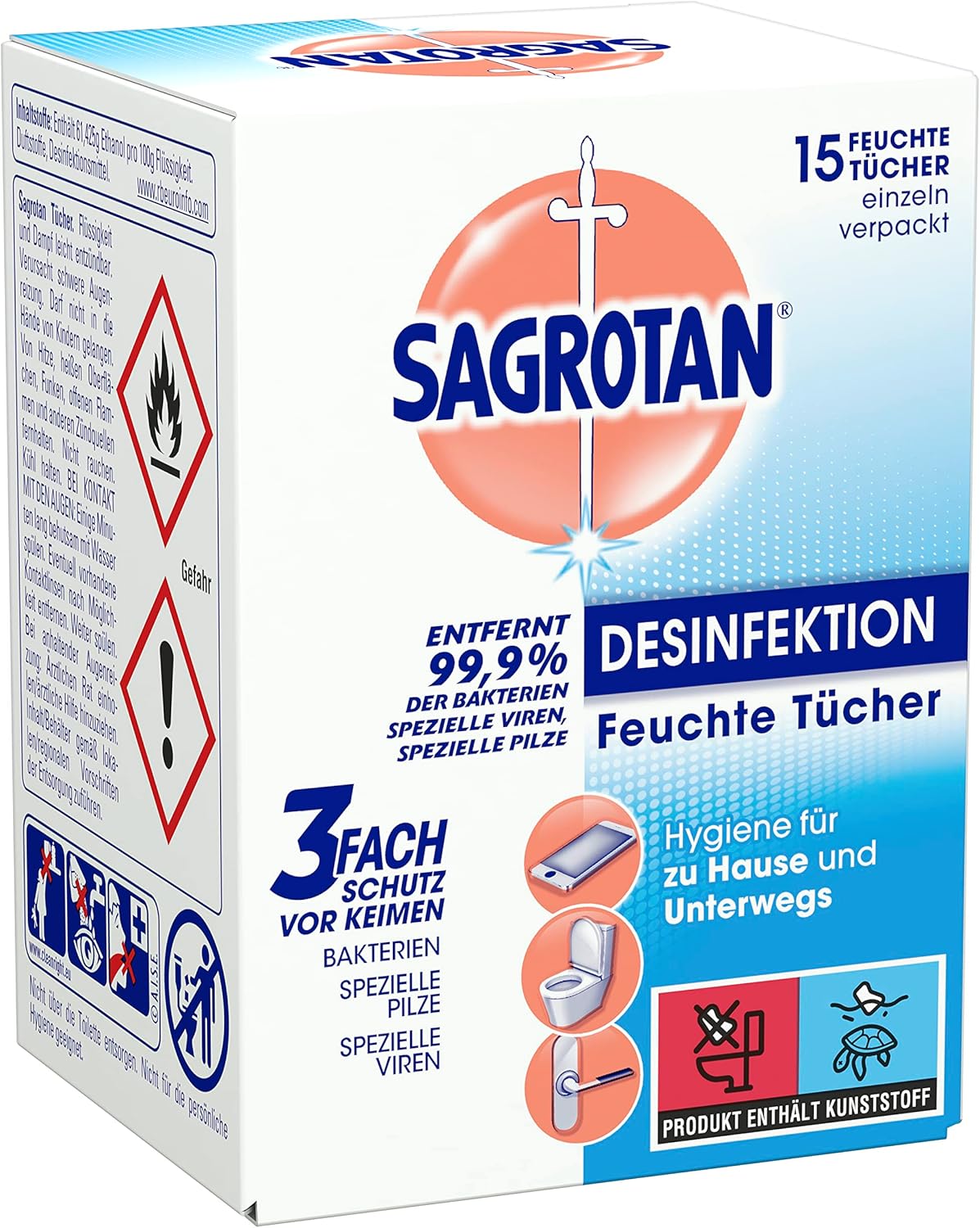 Sagrotan Desinfektionstücher – praktische Reisegröße für die schnelle hygienische Reinigung unterwegs – 1 x 15 Feuchttücher einzeln verpackt – Bild 2