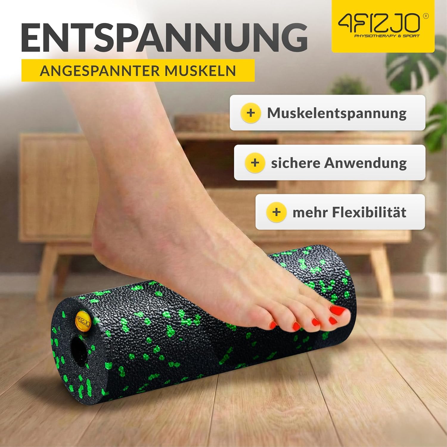 4FIZJO Faszienroller Schaumstoff, Durchmesser 5,5 cm, Länge 15 cm, Massagerolle, Rückenrolle, Fitnessrolle, leicht, hart, Schaumstoffrolle, Faszientraining, Massagetraining, Schwarz/Grün – Bild 2