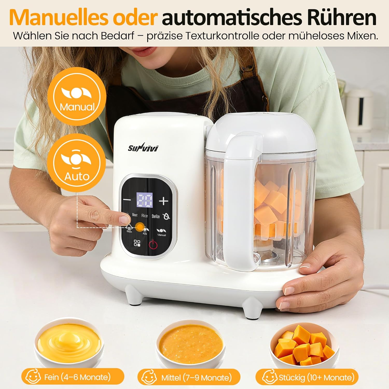 Sunvivi Babynahrungszubereiter 8-in-1 mit Dampfgarer und Mixer, 350 g Babynahrungszubereiter mit großer Kapazität, multifunktionaler Babybreibereiter mit LCD-Display, Sterilisator, Wärmer und Auftaufunktion – Bild 8