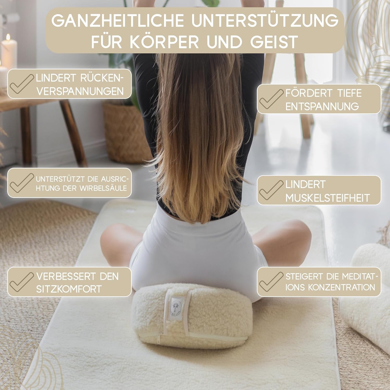 Meditationskissen aus Merino-Schafwolle, Yogakissen mit Bio-Buchweizenfüllung, verstellbare Füllung mit waschbarem Bezug, Sitzkissen perfekt für bequemes Yoga, mit Tragetasche, 35 x 13 cm, natur – Bild 3