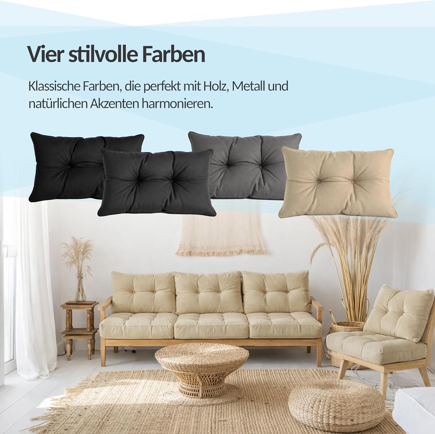 POKAR 1 x Sitzkissen 50 x 50 x 10 cm + 1 x Rückenlehne 50 x 40 x 10 cm, wasserabweisende Outdoor-Lounge-Kissen für Gartenstühle und Rattanmöbel, Öko-Tex-zertifiziert, hergestellt in der EU, Anthrazit – Bild 7