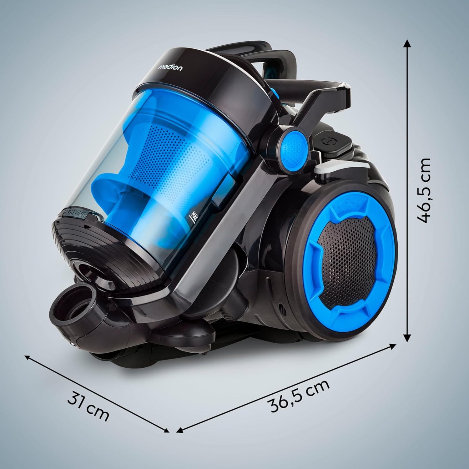 MEDION Beutelloser Zyklonstaubsauger P4000 (900 Watt Leistung, 4,3 Liter Staubbehälterkapazität, waschbarer HEPA 13-Filter, 11 m Arbeitsradius, MD 11906) Blau – Bild 8