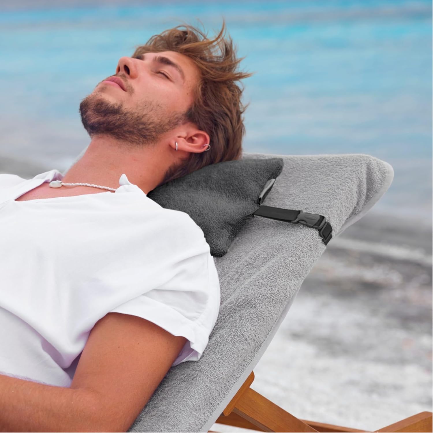 Strandkissen gefüllt mit Befestigungsgurt – verstellbares Reisekissen Nackenkissen für Sonnenliege 32 x 20 cm – Campingkissen Frottee-Bezug 100 % Baumwolle (Anthrazit) – Bild 6
