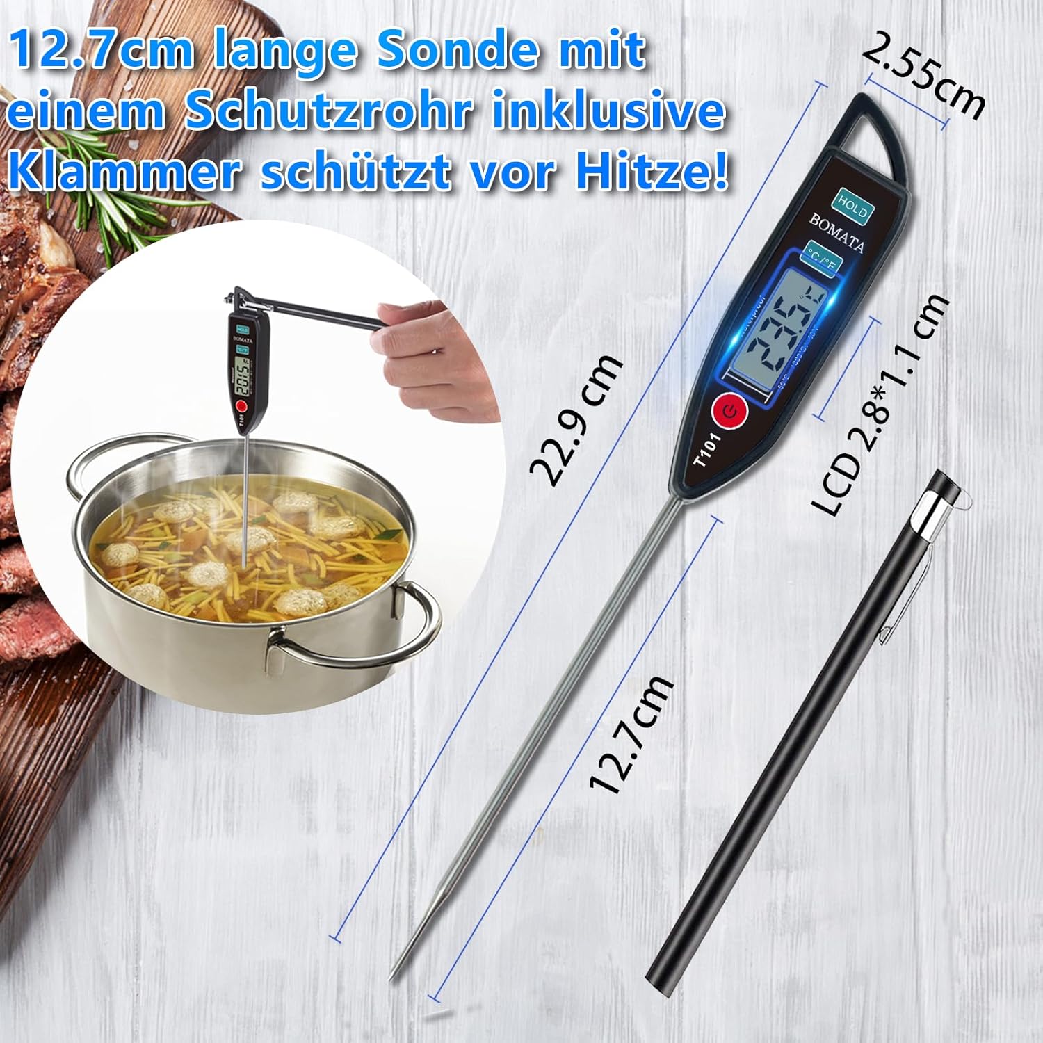 BOMATA 2er-Set wasserdichtes IPX7-Fleischthermometer zur sofortigen Messung der Lebensmitteltemperatur, mit langer Sonde, geeignet für Wasser, Flüssigkeiten, Kochen in der Küche, Grillen und BBQ! 2 Stück (Schwarz und Rot) – Bild 4