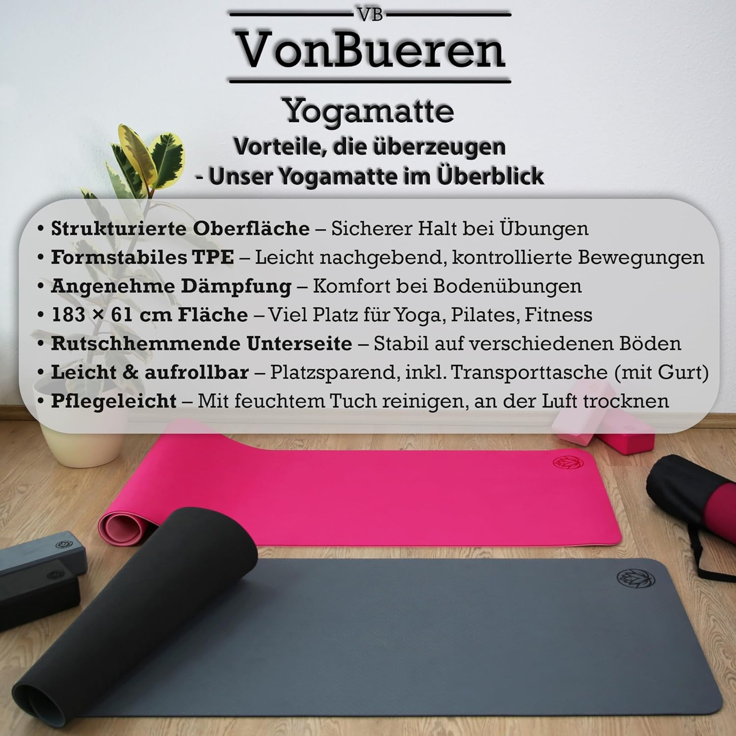 VonBueren Yogamatte rutschfest | Ca. 183 x 61 cm | Yogamatte | Pilates-Gymnastikmatte – Bild 3