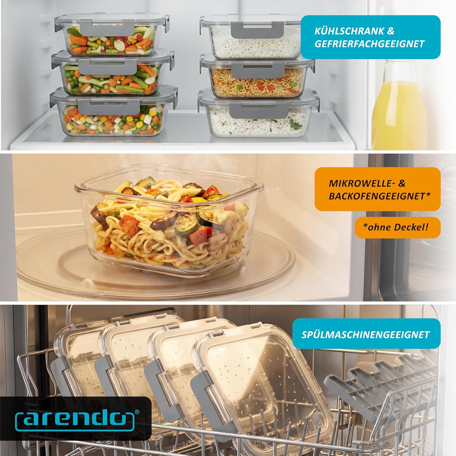 Arendo – Lunchboxen aus Glas – Frischhaltedosen mit luftdichtem Deckel – 3er-Set – 1000 ml – für Mikrowelle, Backofen, Gefrierschrank – spülmaschinenfest – Vorratsgläser, Meal-Prep-Boxen-Set – Bild 6