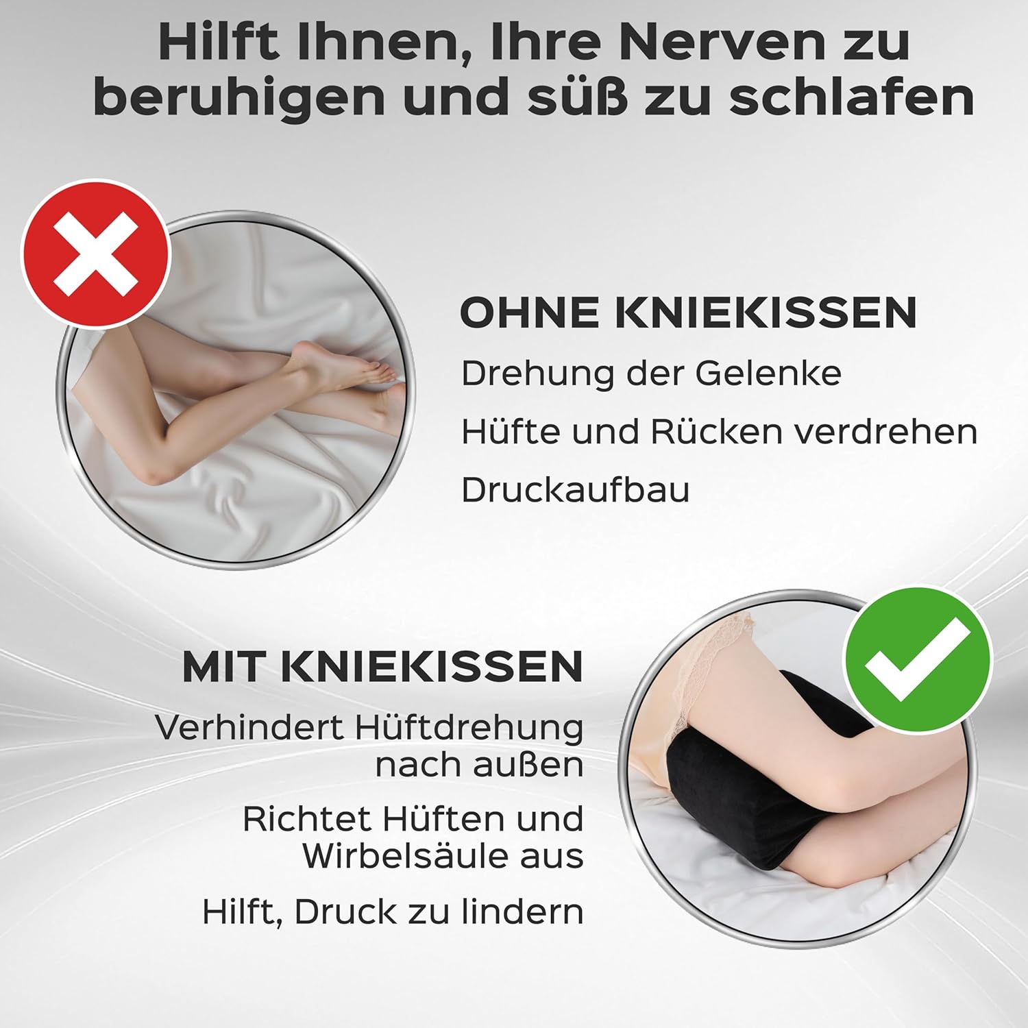 bonmedico Kniekissen für Seitenschläfer – Orthopädisches Kniekissen, Memory-Schaum, Beinkissen zur Linderung von Knie-, Rücken- und Hüftschmerzen, waschbarer Bezug – Wellness Schwarz, 20 x 25 x 15,7 cm – Bild 6