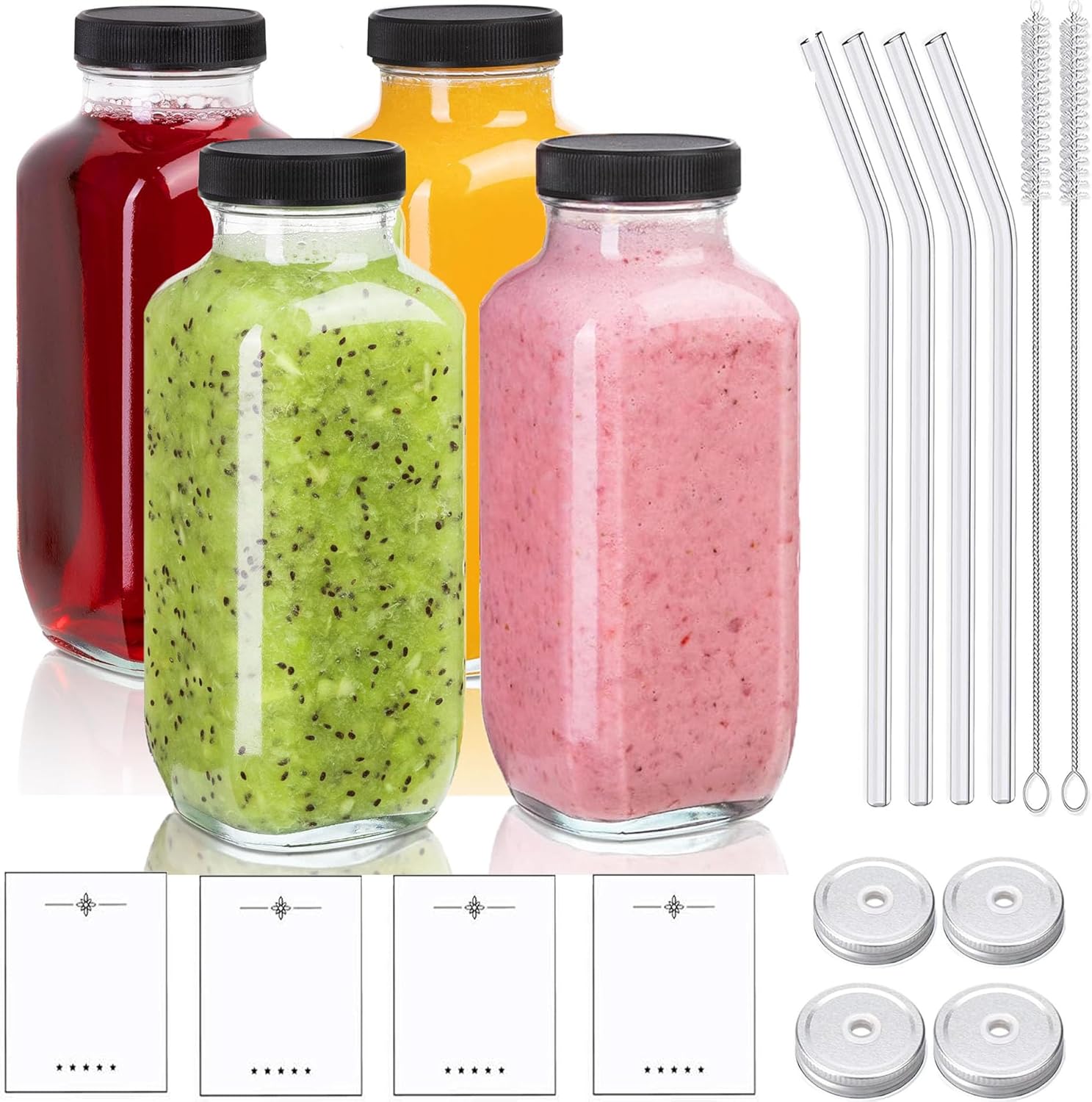 Smoothie-Flasche, 4 Stück, Glasflaschen zum Befüllen, 500 ml Schnapsflaschen zum Befüllen, wiederverwendbare Smoothie-Gläser mit Deckel, ideal für Saft, Ingwer, Milchshakes