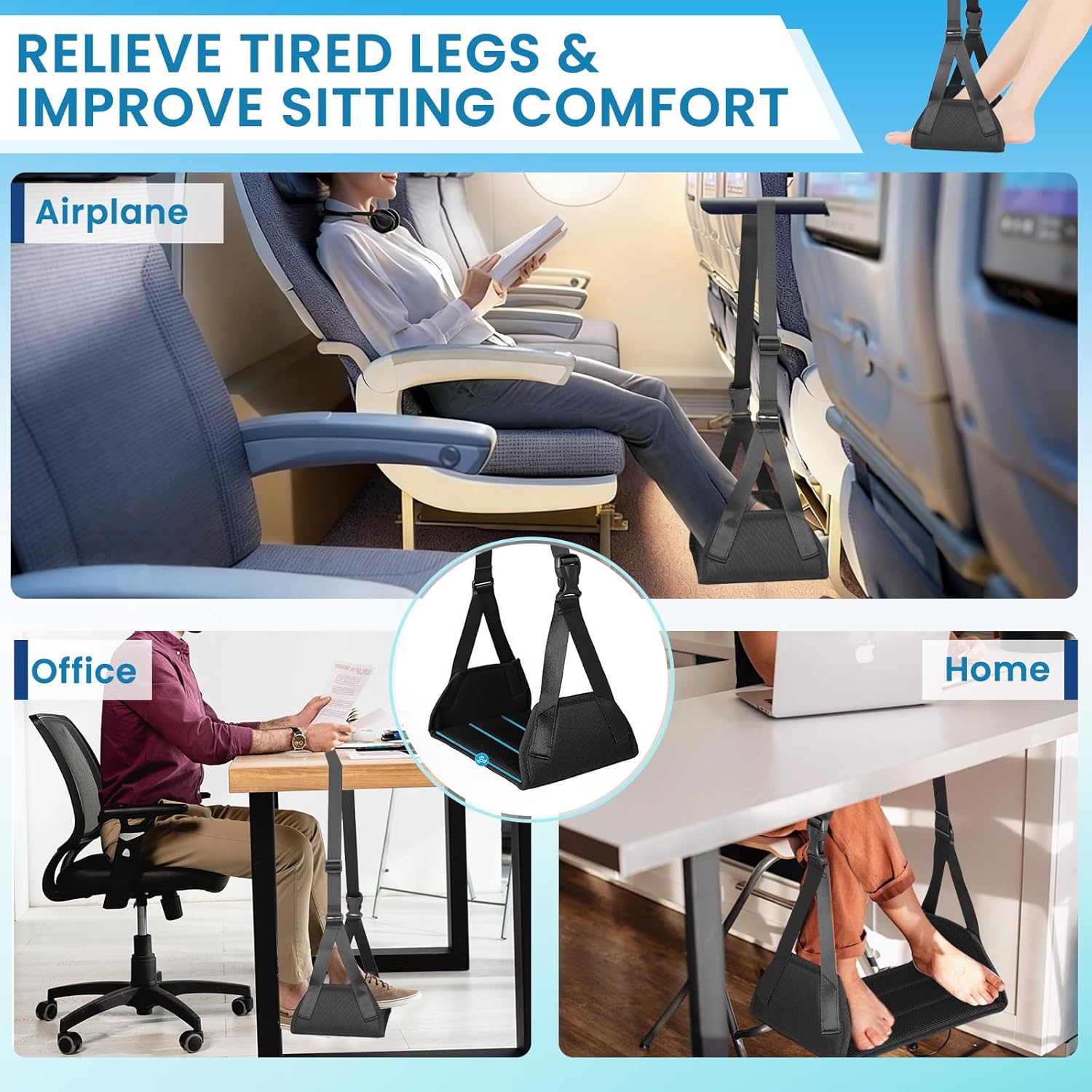 Flugzeug-Fußstütze, tragbare verstellbare Reise-Fußhängematte, aus Memory-Form, rutschfest, atmungsaktiv, maximale Belastung 40 kg, ergonomische Fußstütze für Reisen, Büro und Zuhause – Bild 7
