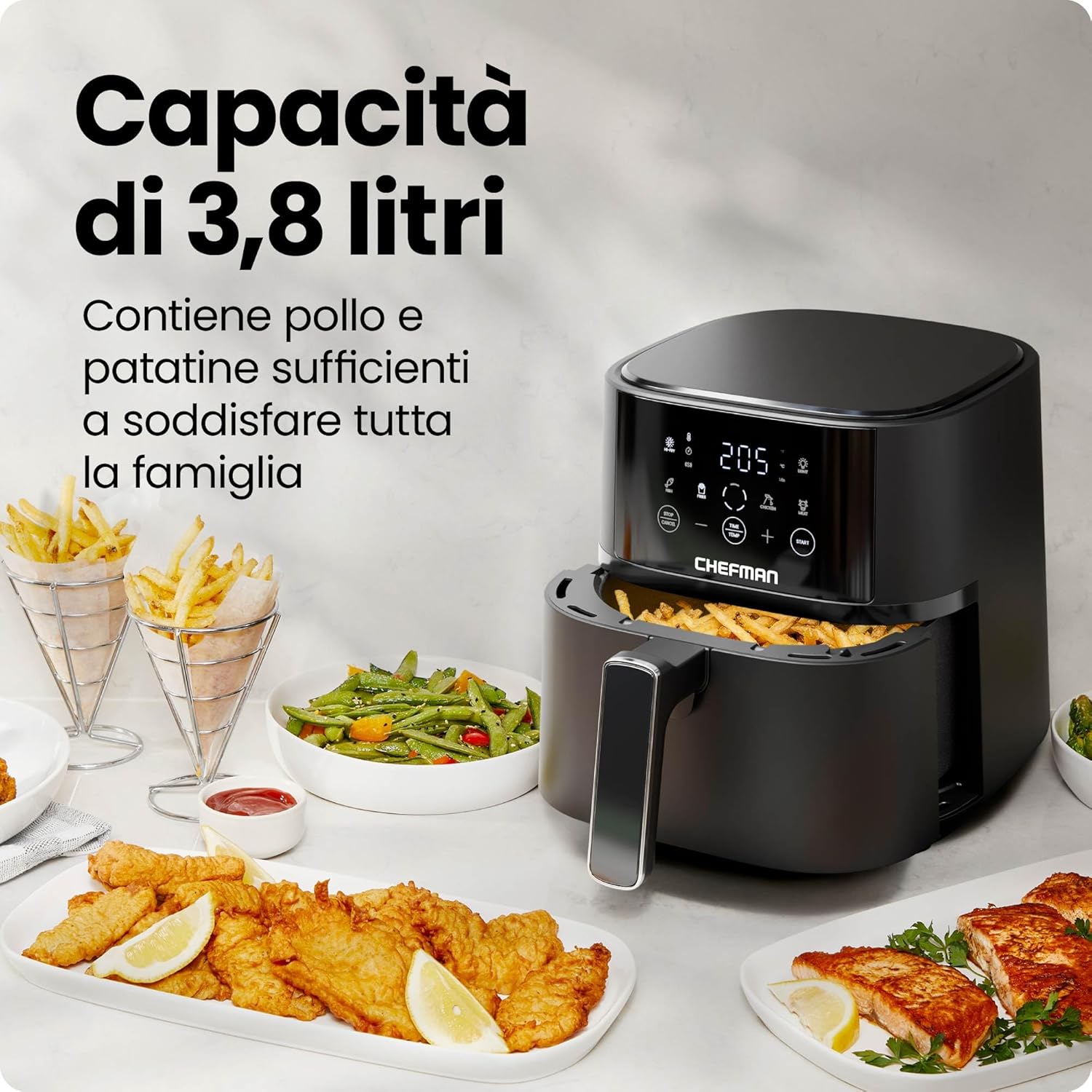 Chefman 3,8 l Heißluftfritteuse, schnell und einfach, kompakte Heißluftfritteuse mit Hi-Fry-Technologie, Touch-Bedienung mit 4 Voreinstellungen, antihaftbeschichtet und spülmaschinenfest – Schwarz – Bild 3