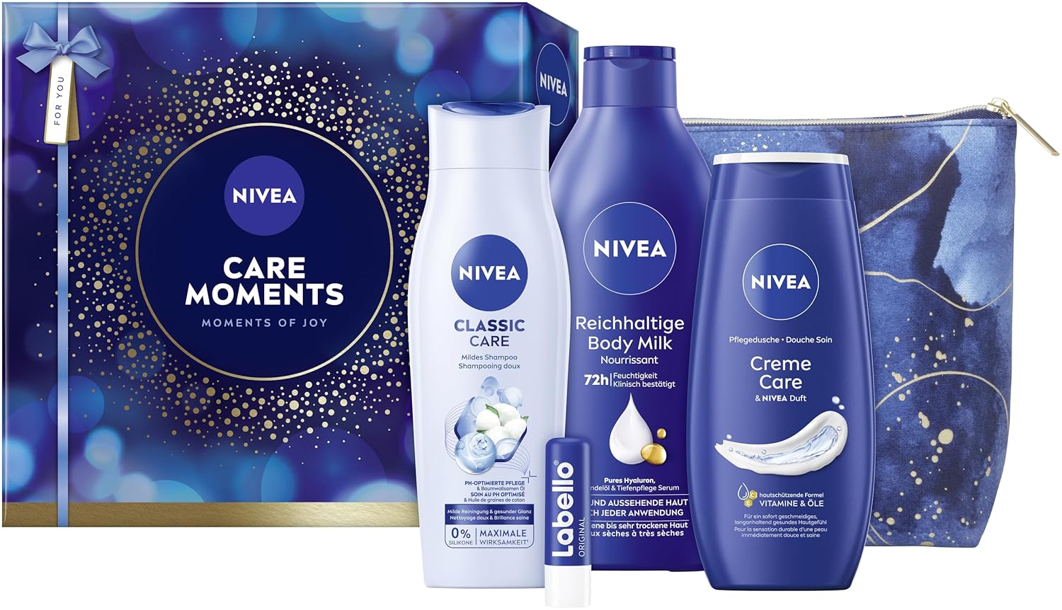 Nivea Care Moments Geschenkset, Geschenk für Frauen, Geschenkbox mit Duschgel (250 ml), Shampoo (250 ml), Körperlotion (400 ml), Labello Lippenpflege (4,8 g) und Kulturbeutel
