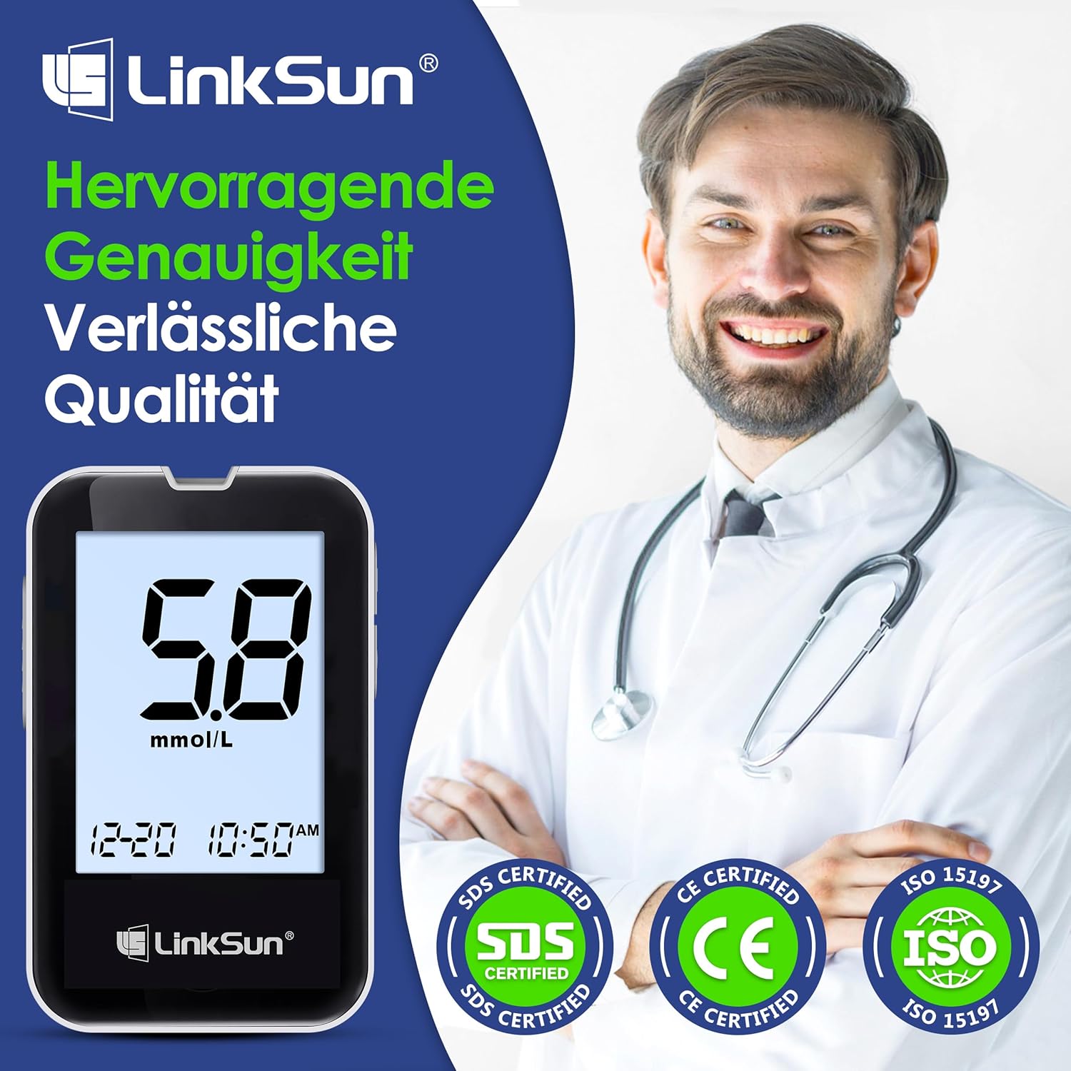 LinkSun G-425-2V Blutzuckermessgerät-Set, 100 Teststreifen, 100 Lanzetten, Blutzuckermessgerät, Stechhilfe, mmol/L & mg/dL – Bild 2