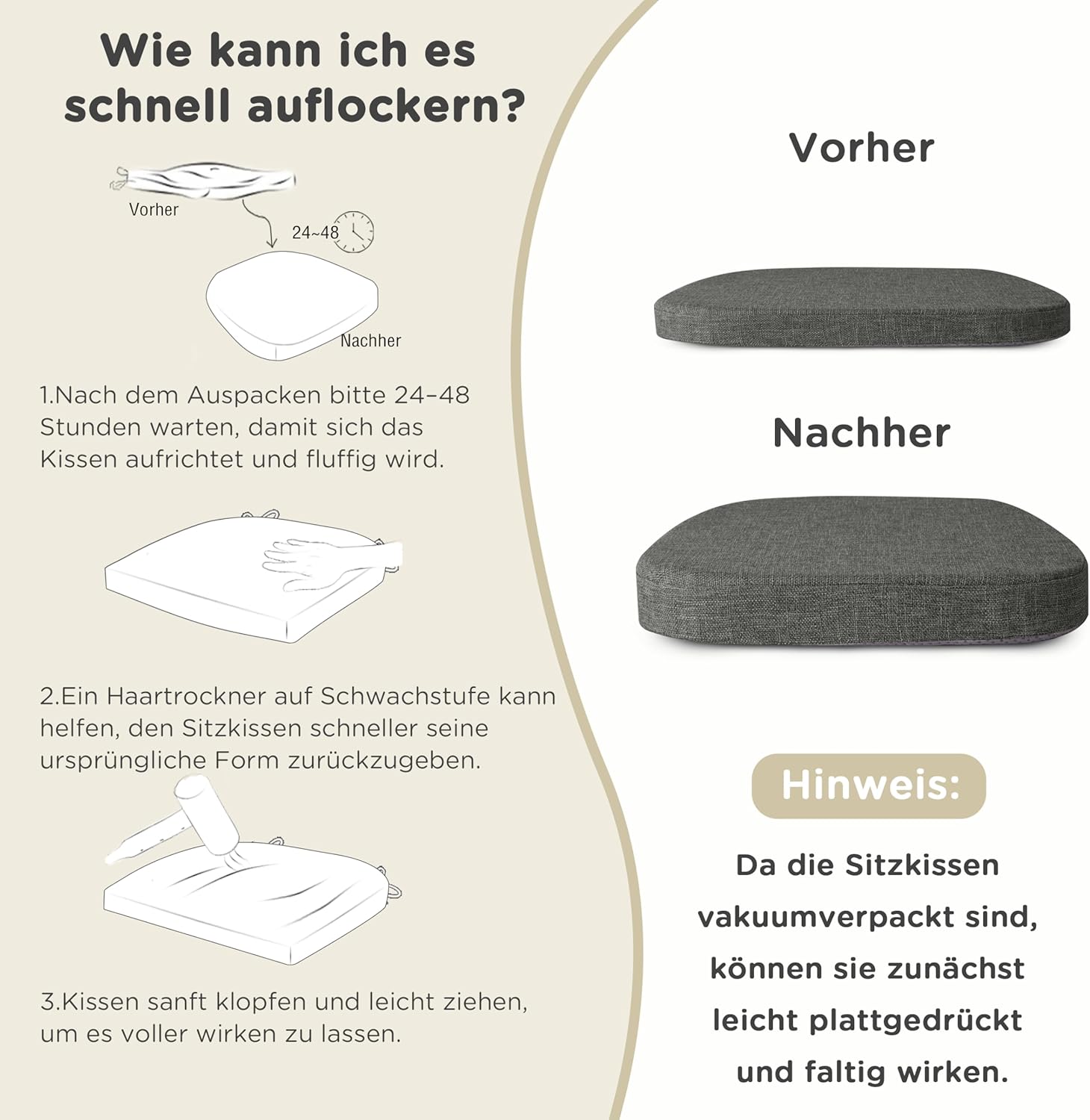 AddGrace 4er-Set Stuhlkissen für Metallstühle, 35 x 35 cm große Sitzkissen mit Bändern, rutschfeste, dicke Sitzpolster mit strukturiertem & abnehmbarem Bezug, Dunkelgrau – Bild 7