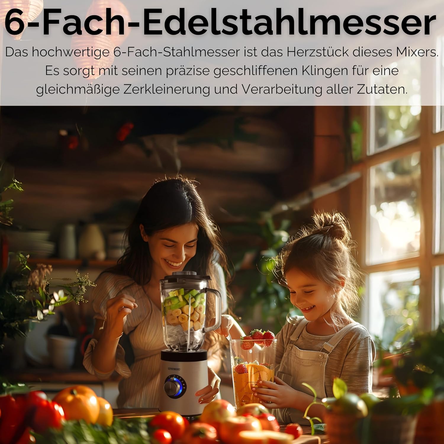 Steinborg Standmixer aus Glas, Edelstahl, 800 Watt, 1,5 Liter Glaskanne, Universal-Powermixer, Smoothie-Maker, Zerkleinerer, Multifunktionsmixer, 6-Wege-Messer, Eiscrusher, 5 Stufen + Pulsfunktion – Bild 5
