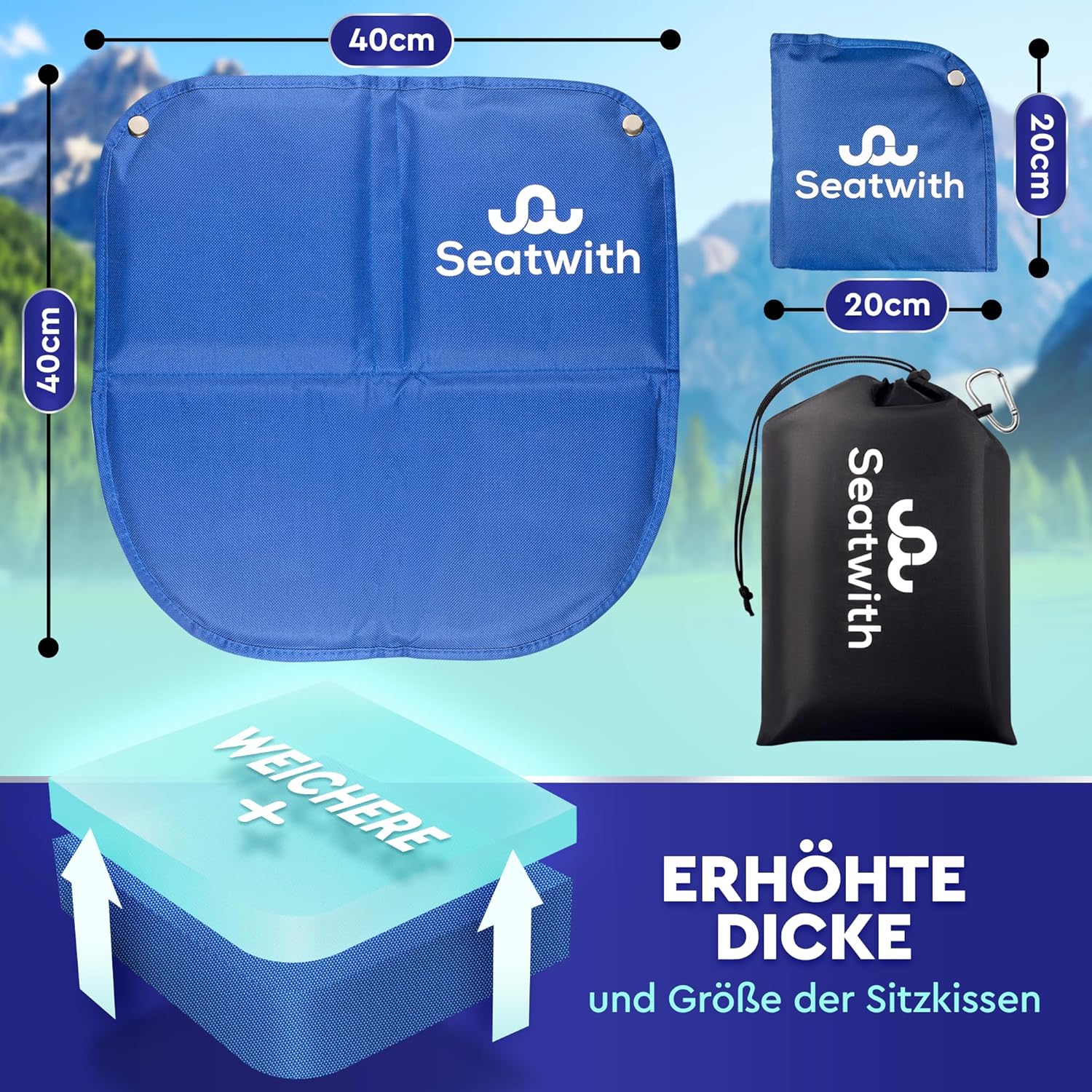 Faltbares, isoliertes Sitzkissen (40 x 40 cm) mit wärmeisolierender Aluminium-Unterseite + Tragetasche & Karabinerhaken zur idealen Befestigung am Rucksack. Maximaler Schutz vor kaltem Feuchtigkeitsschmutz – Bild 4