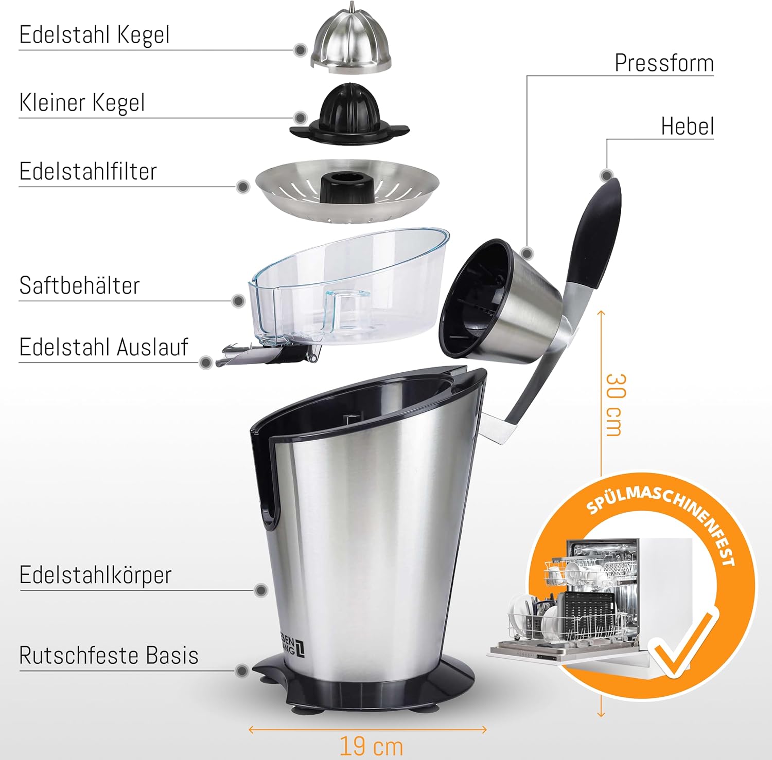LEBENLANG Elektrischer Entsafter 600 W – inklusive Edelstahlkegel & BPA-frei I hohe Ergiebigkeit I Orangenpresse Zitruspresse Zitronenpresse I Orangenpresse Zitronen pressen – Bild 3