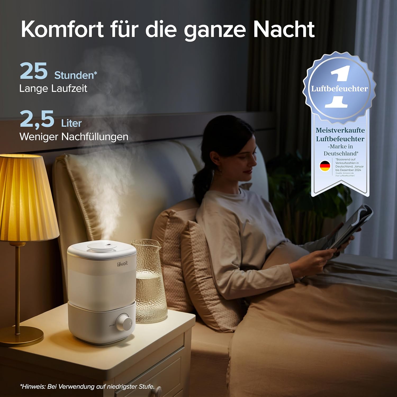 Levoit Schlafzimmer-Luftbefeuchter, 23 dB leiser Luftbefeuchter, Top Fill für Baby, bis zu 25 Stunden, Raumbefeuchter mit 360 Grad drehbarer Düse für Kinderzimmer, Pflanzen, Autoabschaltung, 2,5 l, weiß – Bild 2