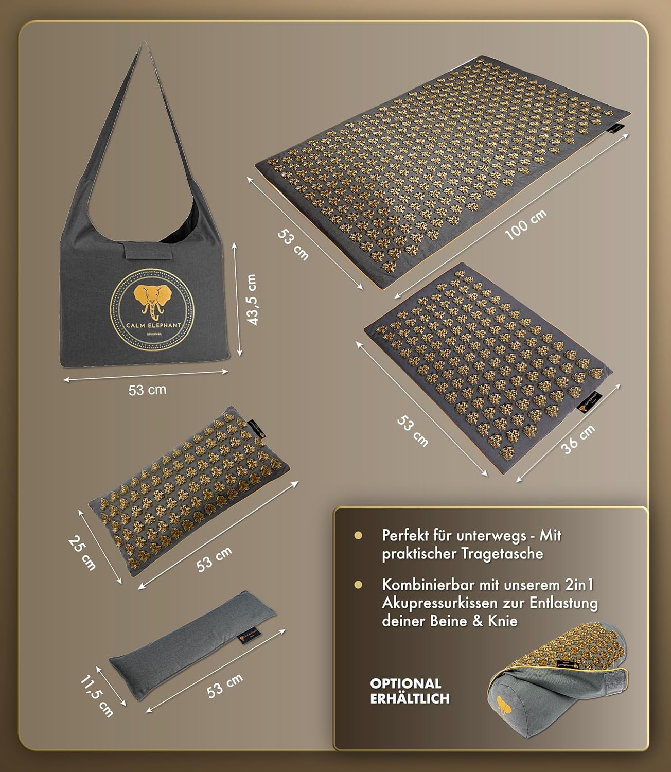 CALM ELEPHANT ORIGINAL Akupressurmatte XXL, große Größe, intensiv für fortgeschrittene Benutzer – Mandala Pro XXL Premium-Set (+158 % mehr Fläche und extra spitze Spitzen) – Verspannungen lösen, Akupunkturmatte, grau – Bild 7