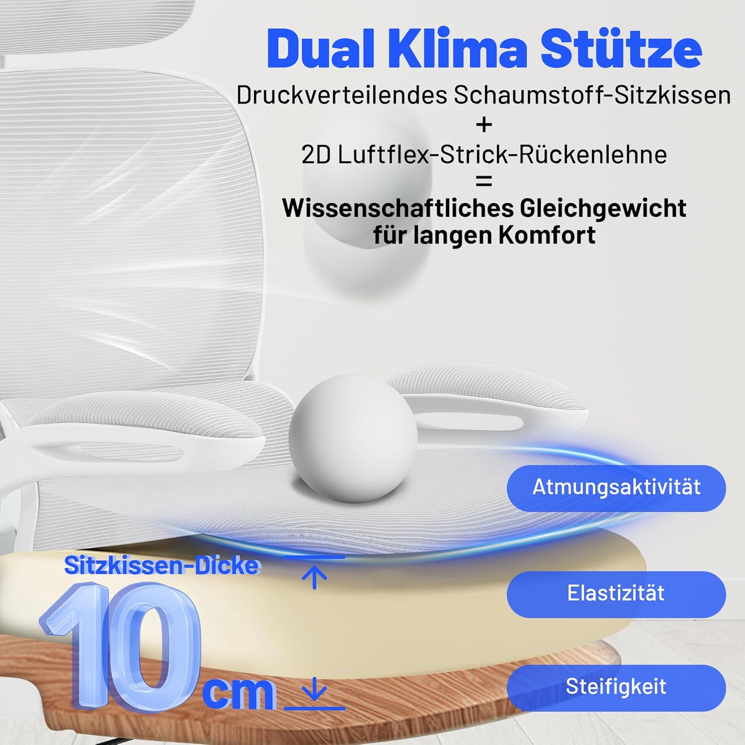 Ergonomischer Bürostuhl mit Kopfstütze, verstellbarer Lordosenstütze & Netzbezug, höhenverstellbarer Drehstuhl bis 150 kg, Computerstuhl ideal für Büro und Home Office, Weiß – Bild 5
