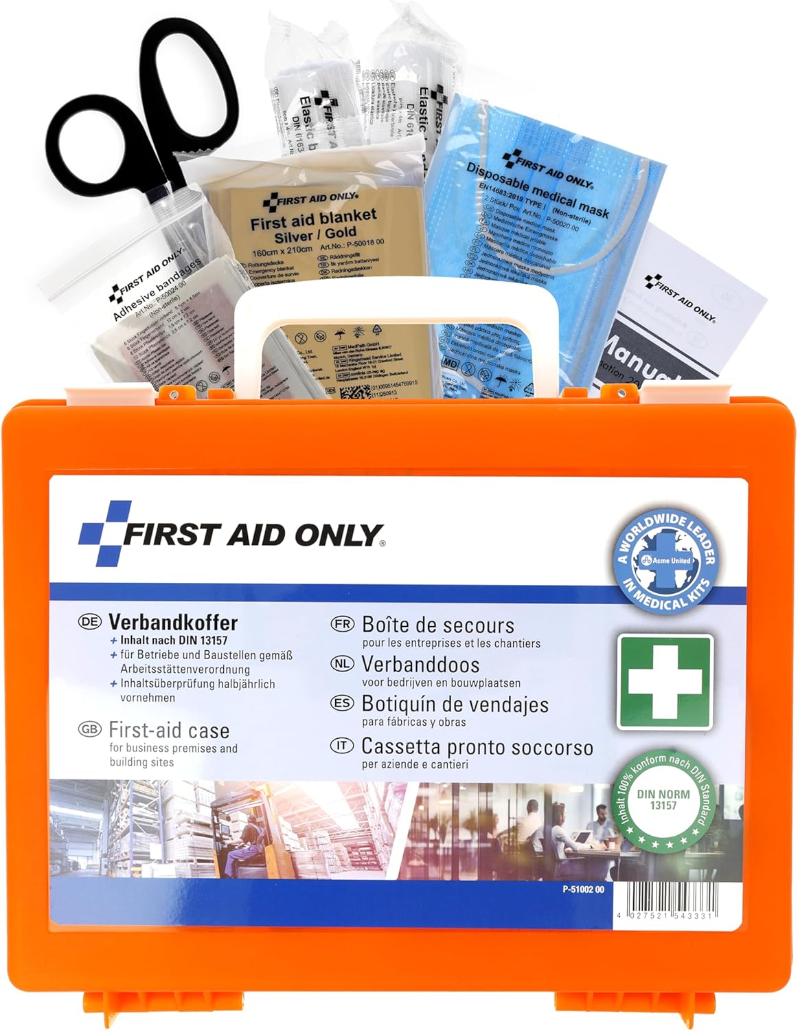 First Aid Only Erste-Hilfe-Koffer DIN 13157 mit Wandhalterung, kompakter Erste-Hilfe-Kasten für Betriebe und Haushalte, gefüllt nach DIN 13157:2021, inklusive Tragegriff und Montagematerial P-51002 00