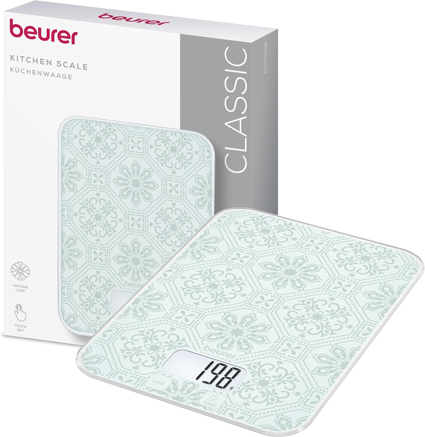 Beurer KS 19 Vintage Digitale Küchenwaage, Tragkraft bis 5 kg (1g-genaue Abstufung), Haushaltswaage mit Sensor-Touch, Lebensmittelwaage mit Batterien, ultraflaches Vintage-Design