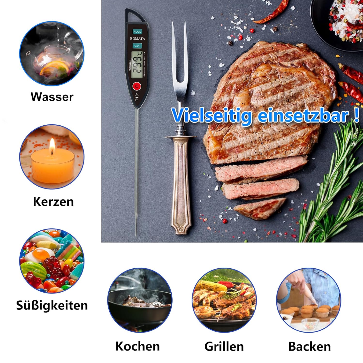 BOMATA Wasserdichtes IPX7-Thermometer, geeignet für Wasser, Flüssigkeiten, Kerzen und Kochen. Sofort ablesbares Lebensmittelthermometer mit langer Sonde, geeignet zum Kochen, Fleisch, Grillen. T101 schwarz – Bild 7