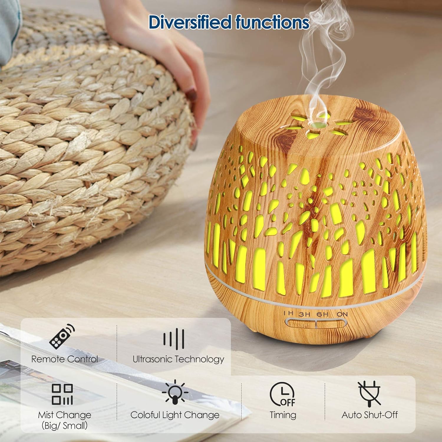Simpeak Aromadiffusor 400 ml, LED-Ultraschall-Duftdiffusor mit Fernbedienung, Aromatherapie-Diffusor für ätherische Öle, tragbar, kompatibel für Zuhause, Yoga, Büro, Spa, Schlafzimmer, geschnitzter Wald – Bild 2