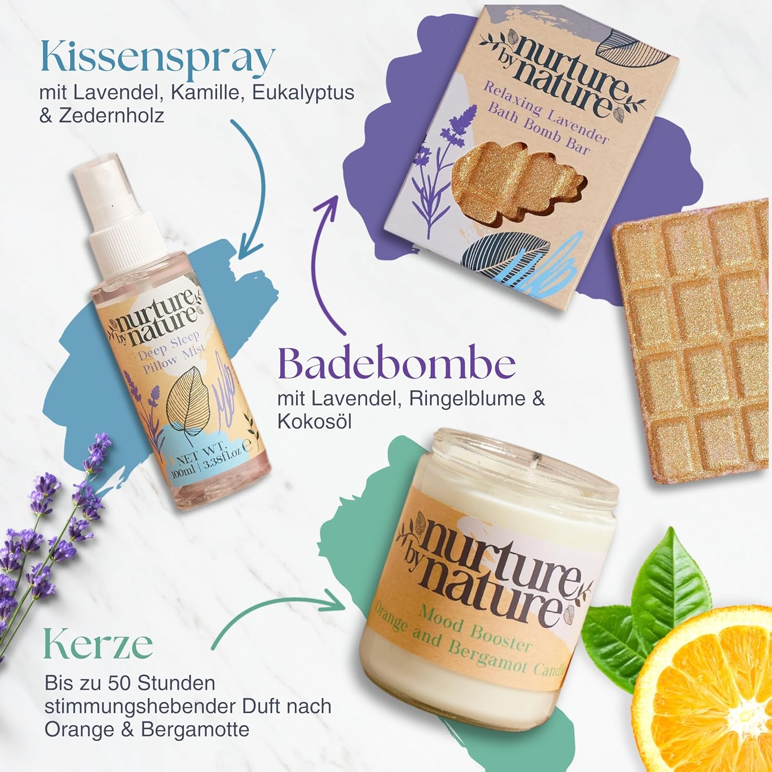 Nurture by Nature Relax & Calm Verwöhnendes Spa-Geschenkset, Badeset, Lavendel, Badesalz, Aromatherapie, Seife, Badebomben, Kerze und mehr, Geschenk für Frauen, Sie – Bild 5