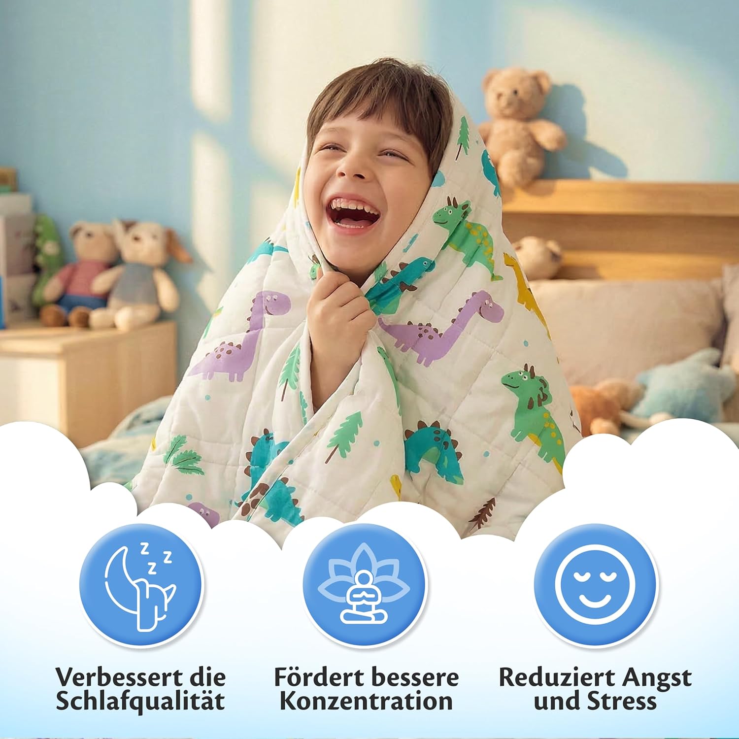 Ella Gewichtsdecke für Kinder, 2,4 kg, 90 x 120 cm – Therapiedecke zum Stressabbau und Angstzuständen, hypoallergene Glasperlen, weiche und kühlende Außenschicht aus Baumwolle für Kinder von 15–25 kg – Dino – Bild 3