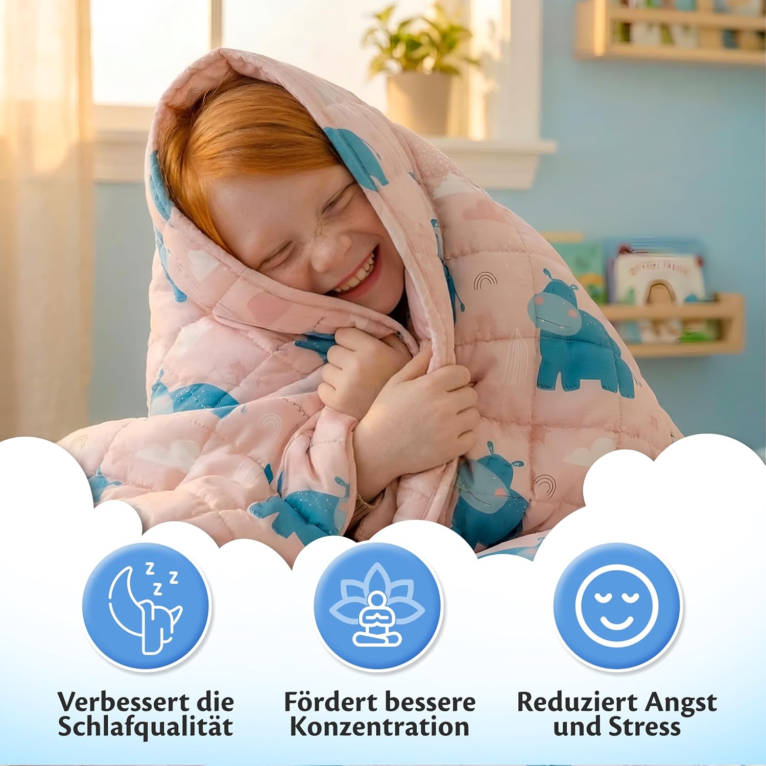 Ella Gewichtsdecke für Kinder, 2,4 kg, 90 x 120 cm – Therapiedecke zum Stressabbau und bei Angstzuständen, hypoallergene Glasperlen, weiche und kühlende Baumwoll-Außenschicht für Kinder von 15–25 kg – Nilpferd – Bild 3